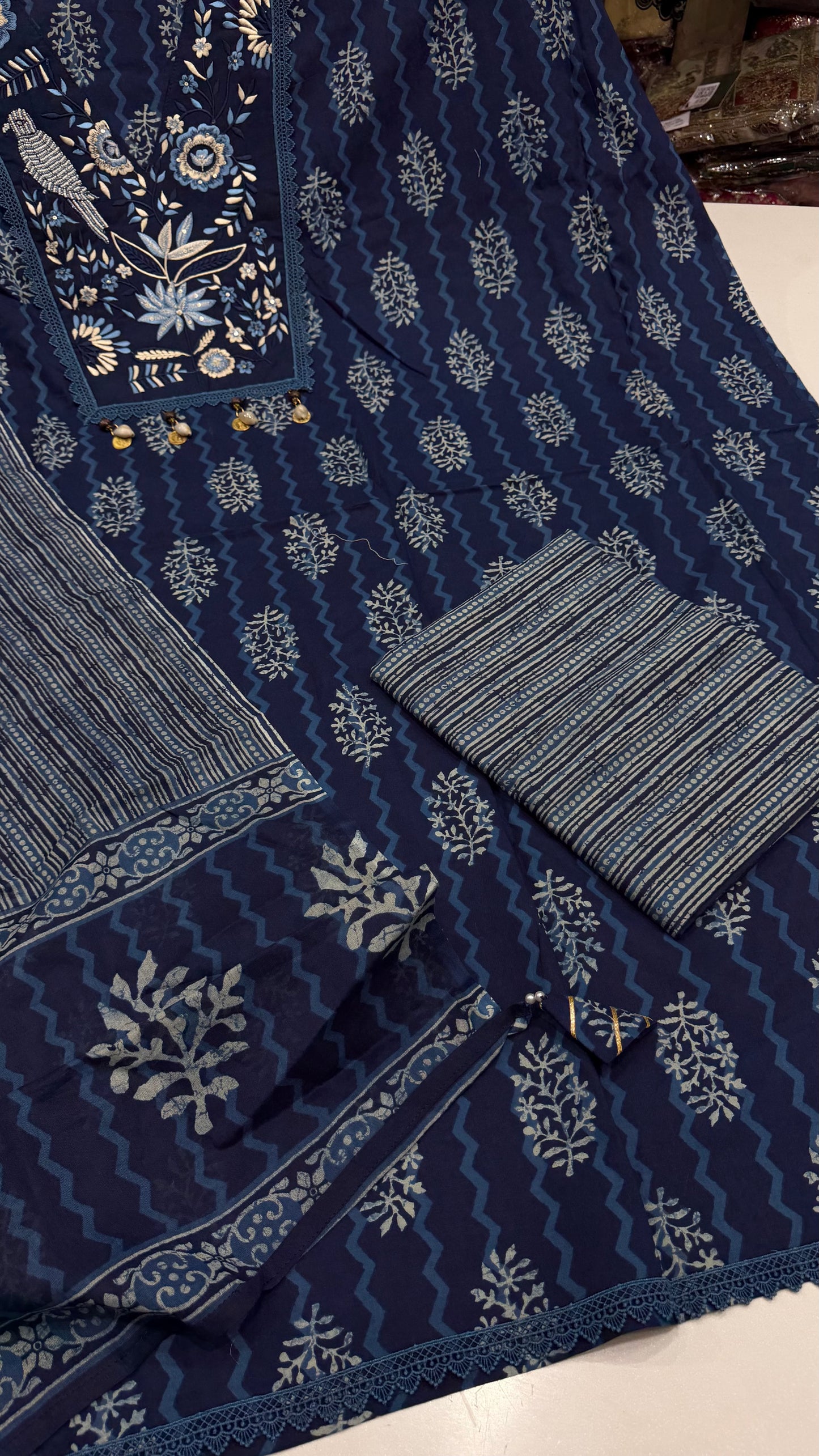 ✨ Indigo Bloom Cotton Unstitched Suit Set