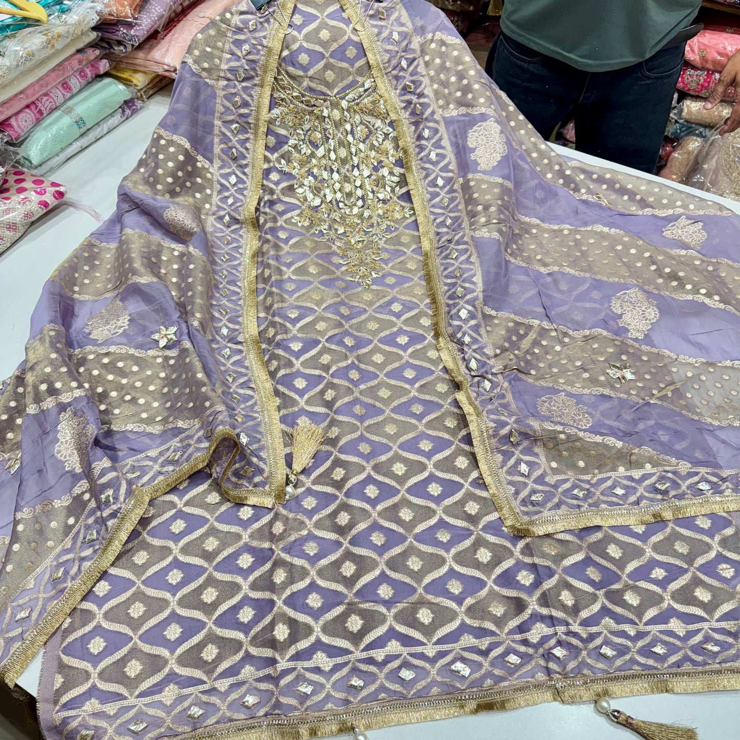 Luxury Banarasi Tissue Unstitched Suit Set – Gota Patti Glam with Statement Dupatta & Silk Bottom (2.5m)