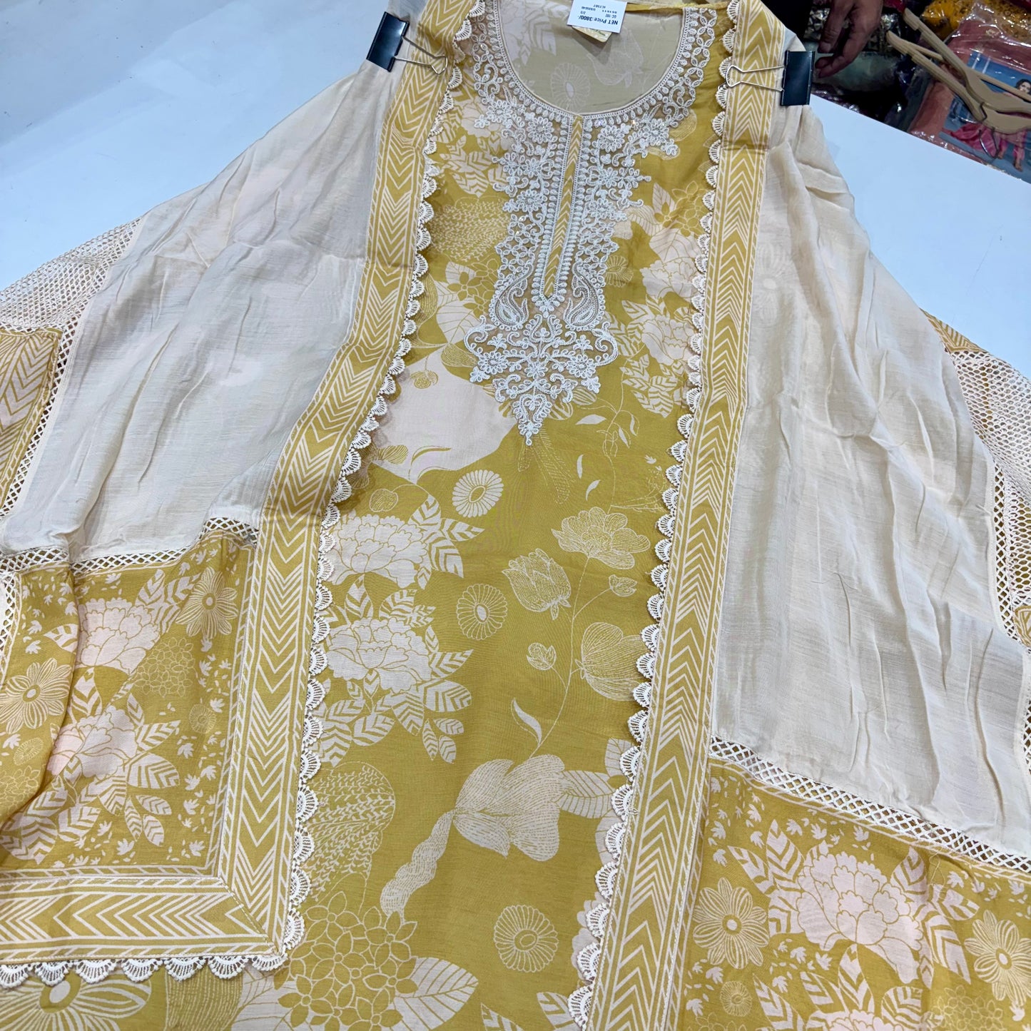 Luxury Muslin Printed Suit with Dori & Sequin Neckline and Designer Patchwork Dupatta