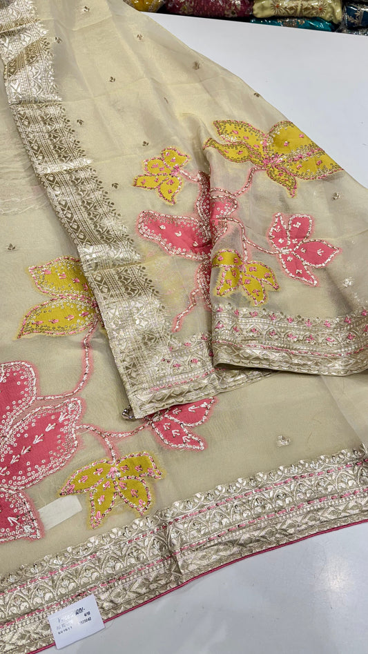 Elegant Banarasi Tissue Hand Embroidered Unstitched Suit with Kantha Work