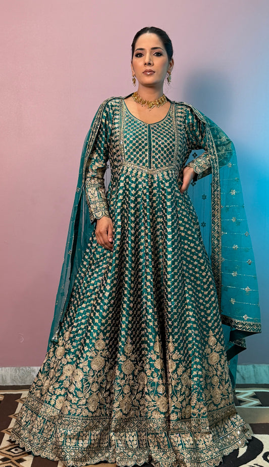 Emerald Royal Pure Silk Floor Length Anarkali Suit with Embroidered Net Dupatta