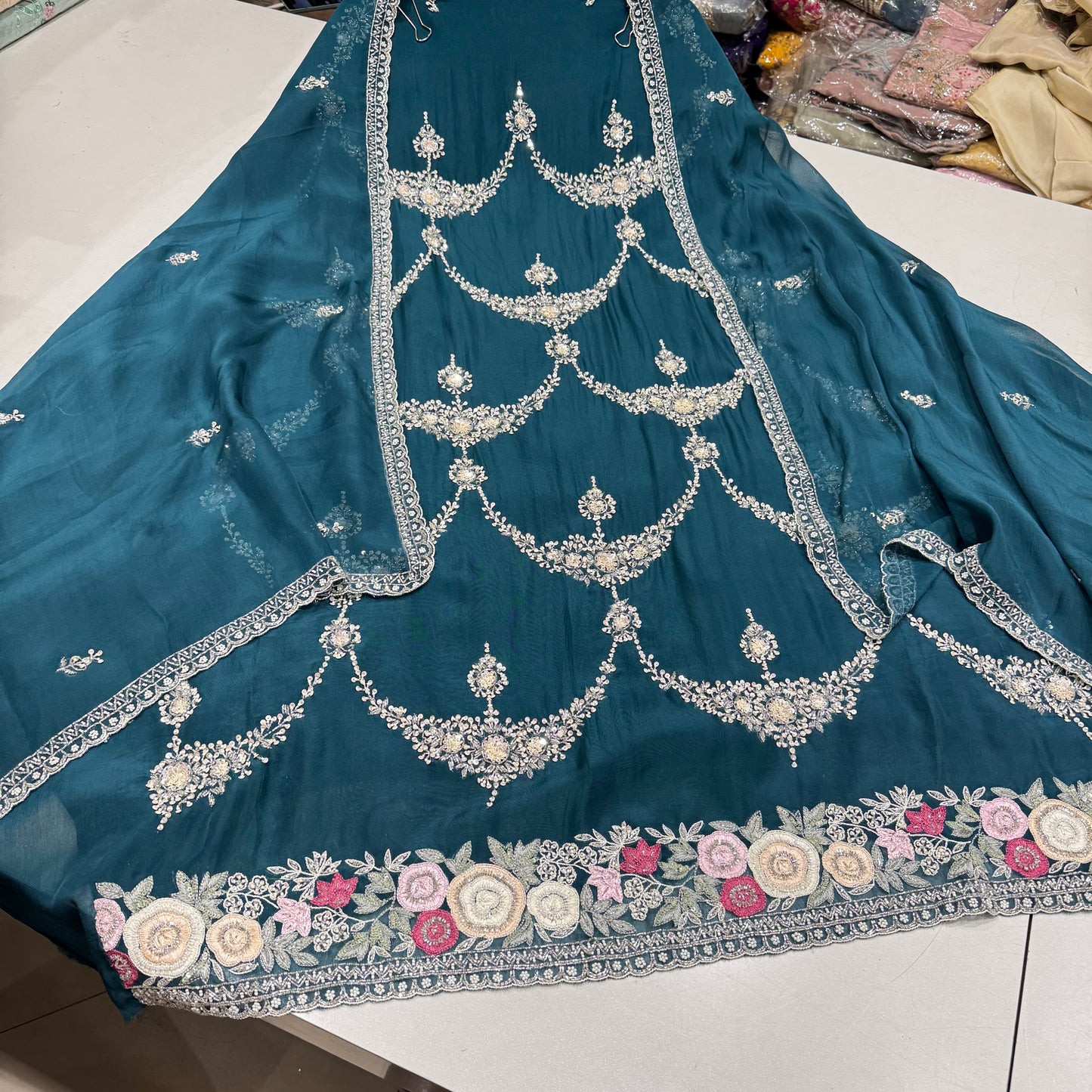 Luxury Hand-Embroidered Organza Suit with Designer Dupatta & 2.5m Silk Bottom