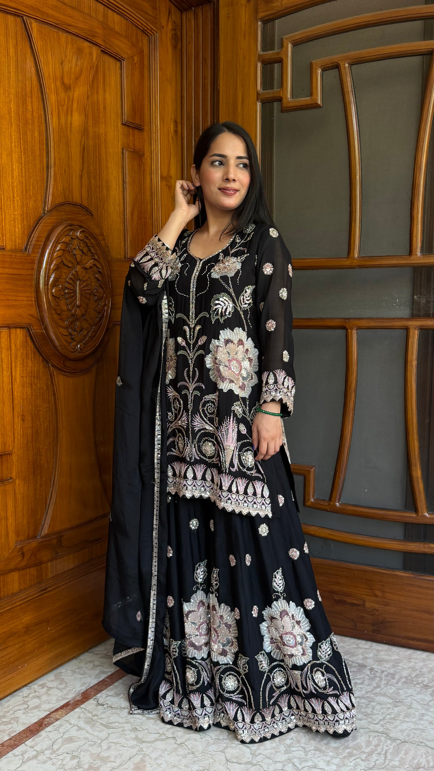 Elegance Chinon Sharara Suit Set with Hand Nakashi Embroidery