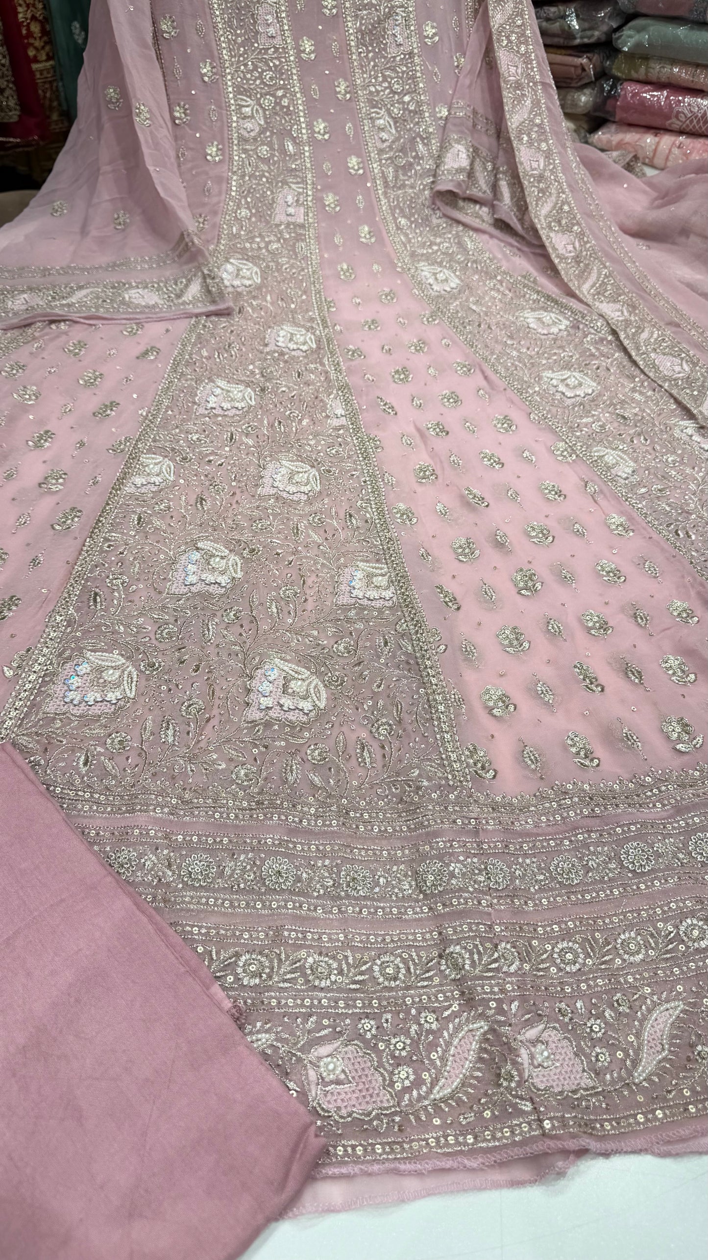 Luxury Unstitched Pure Georgette Zari Lakhnavi Anarkali Suit with Resham, Sequin & Pearl Handwork | Designer Wedding & Party Wear Suit