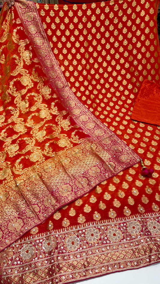 Premium Unstitched Pure Mysore Georgette Embroidered Suit with Designer Mysore Dupatta | Nakshi & Zardozi Handwork | Luxury Wedding Wear