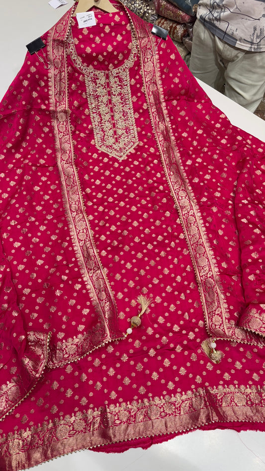 Royal Banarasi Silk Unstitched Suit with Dabka Hand Embroidery