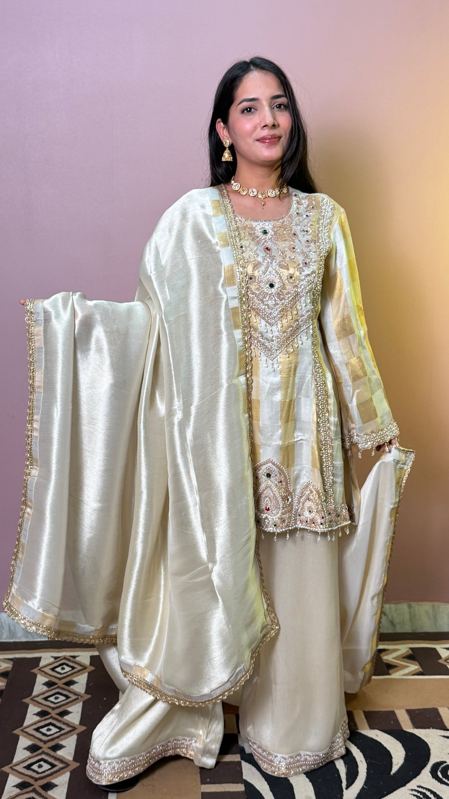 Ivory Gold Pure Tissue A-Line Anarkali with Bell Pants Set