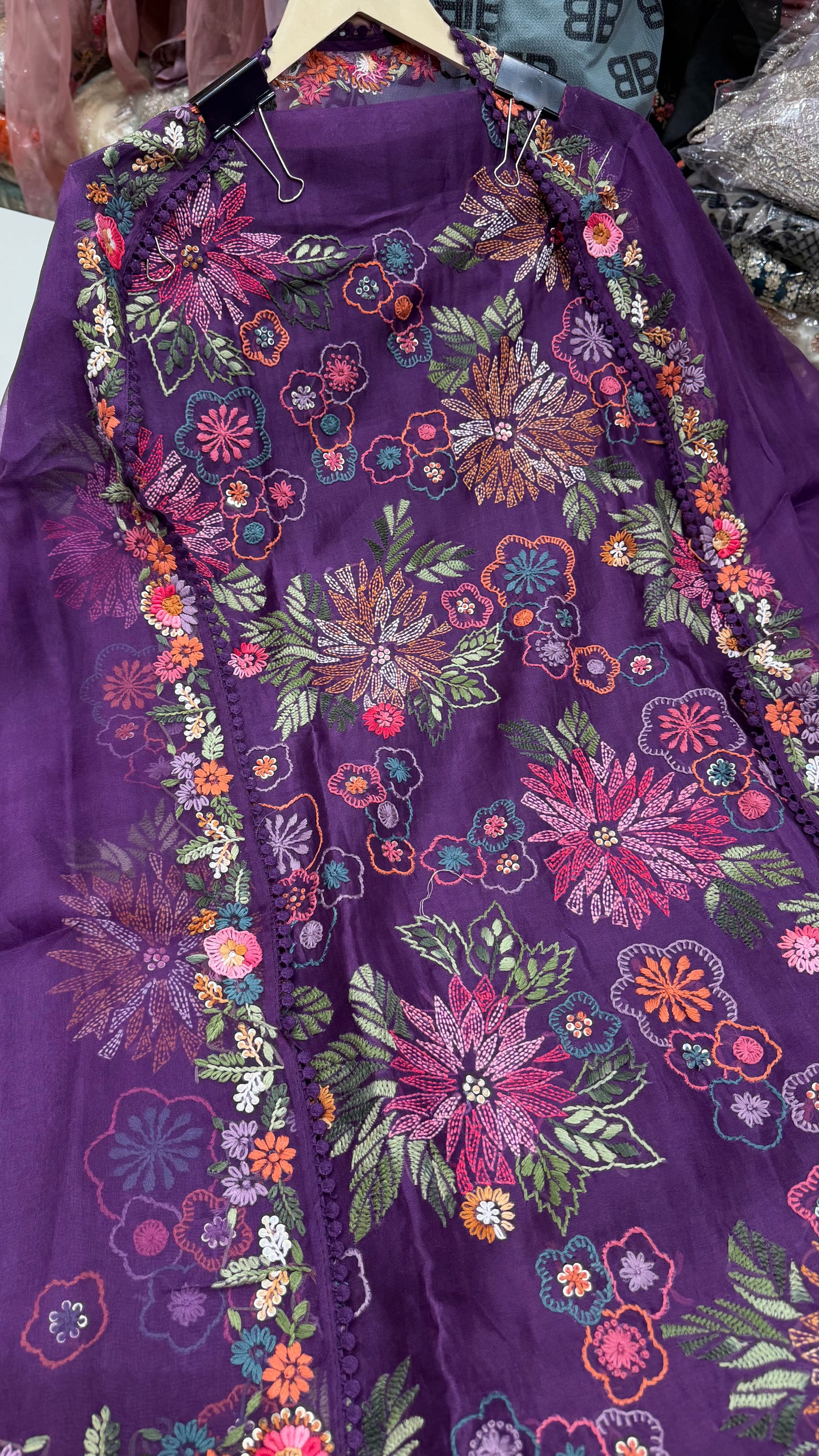 Luxury Designer Organza Kantha Embroidered Unstitched Suit with Dupatta & Crepe Bottom