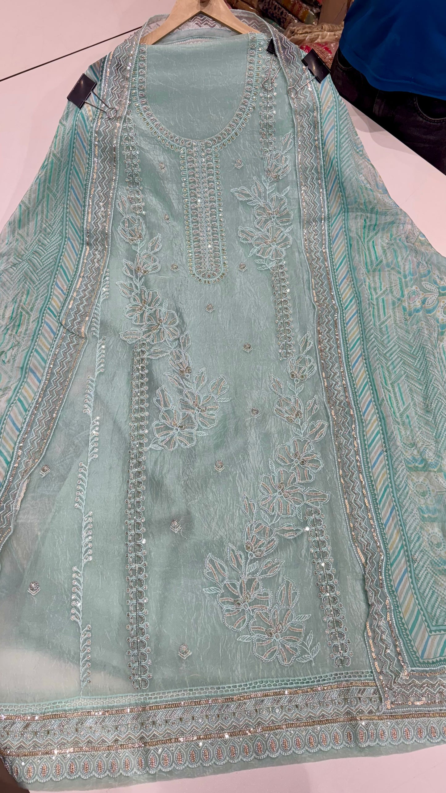 Elegant Pure Paper Silk Hand-Embroidered Unstitched Suit with Chiffon Printed Dupatta