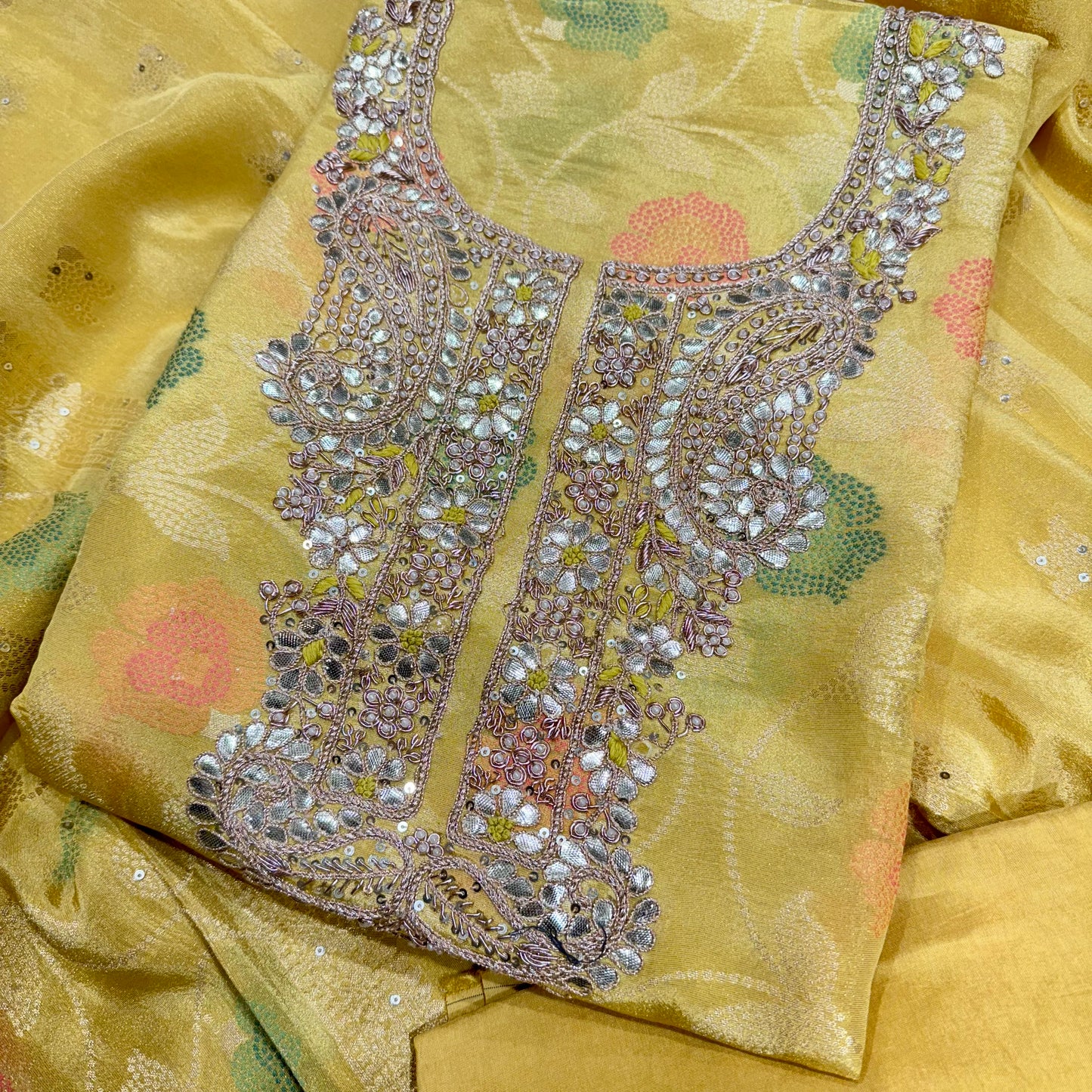 Light yellow banarsi tissue gotta patti handwork neck suit set