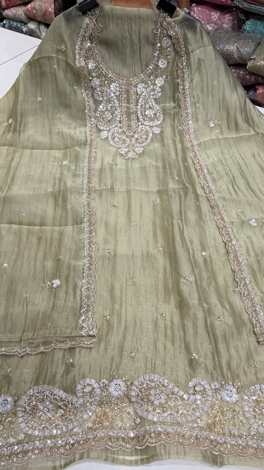 Premium Unstitched Pure Crush Organza Embroidered Suit with Designer Dupatta | Nakshi & Beads Handwork | Luxury Party Wear