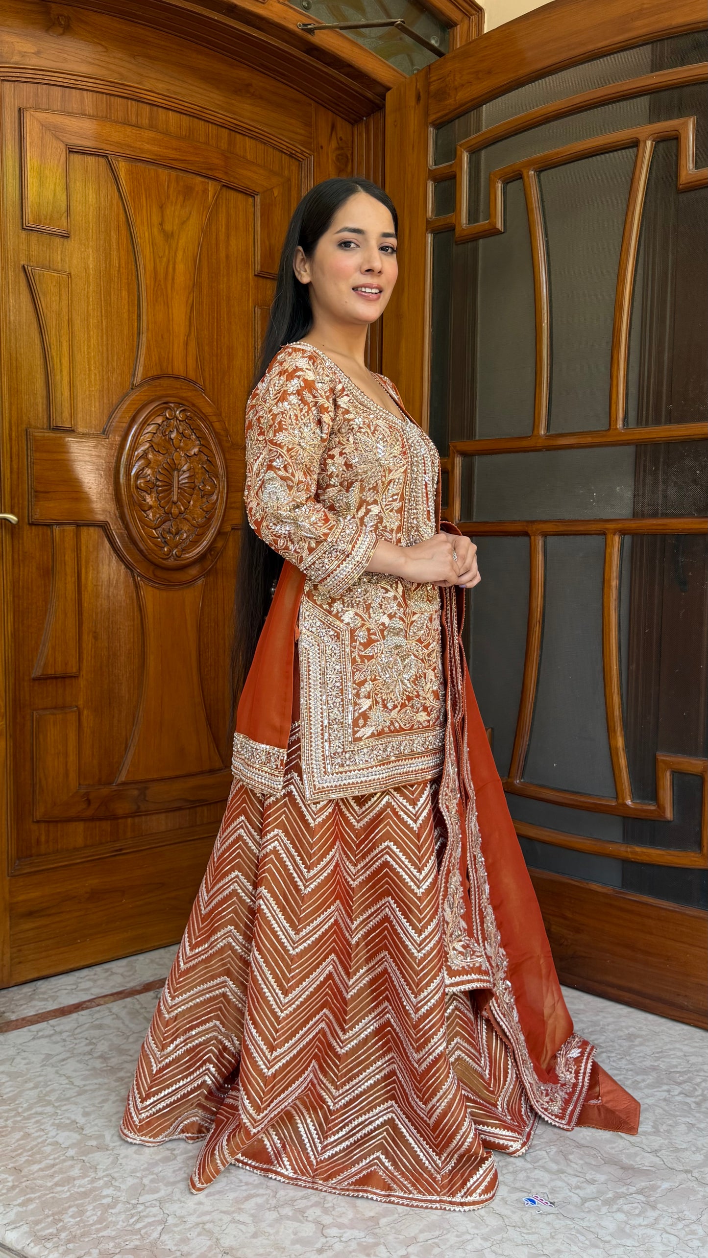 Rust Orange Pure Tissue Heavy Sharara Suit with Hand Embroidered Zardozi Work