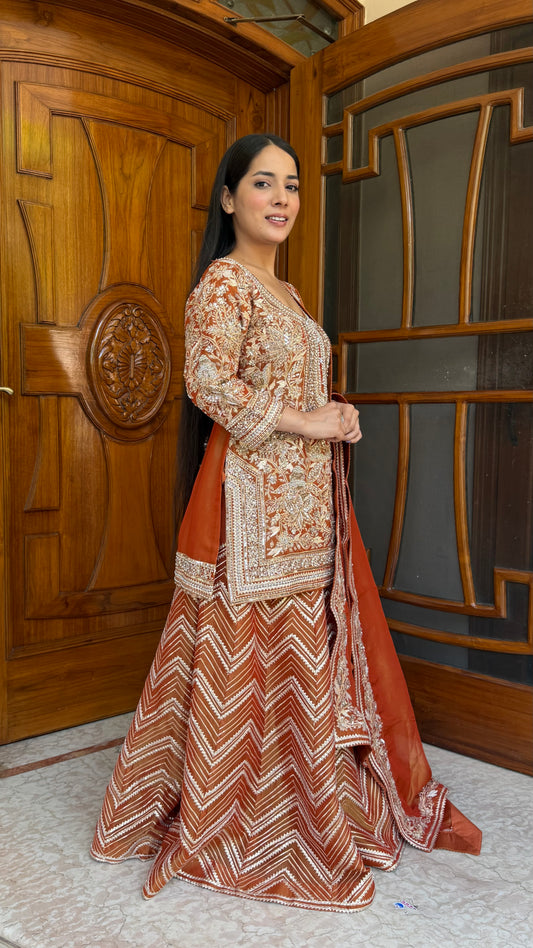 Rust Orange Pure Tissue Heavy Sharara Suit with Hand Embroidered Zardozi Work