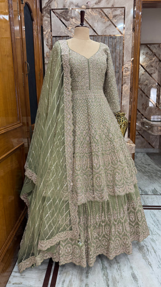 Elegant Readymade Pure Tissue Zari-Aari Mirror Work Lehenga Anarkali with Net Dupatta (Free Size up to 44 Bust)