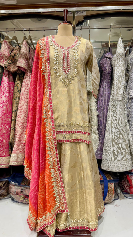 Regal Rajwada Hand Embroidered Mysore Tissue Lehenga Suit – Readymade (Free Size up to 44 Bust)