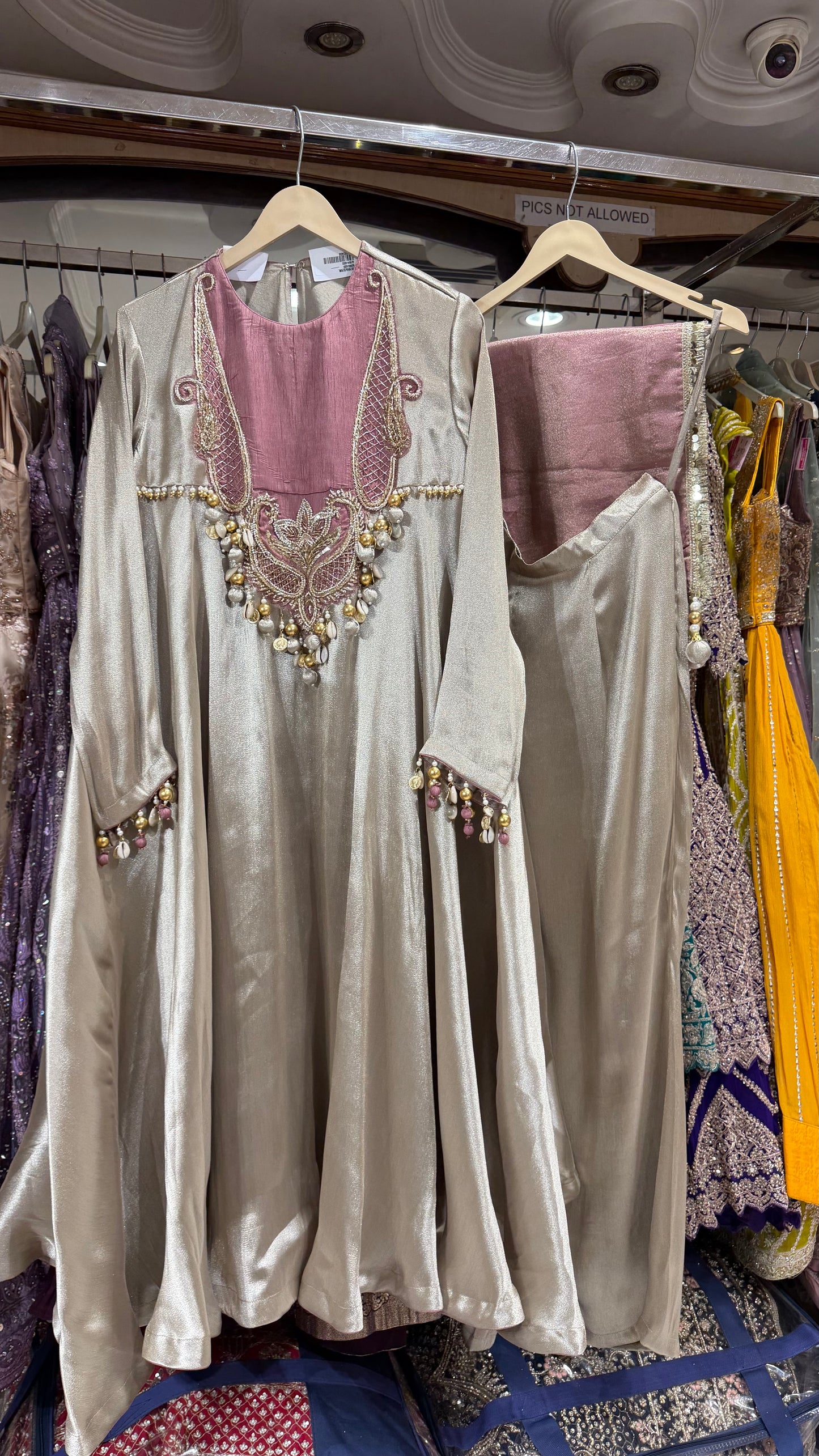 Luxury Shimmer Silk Handembroided Anarkali with pants & contrast Dupatta