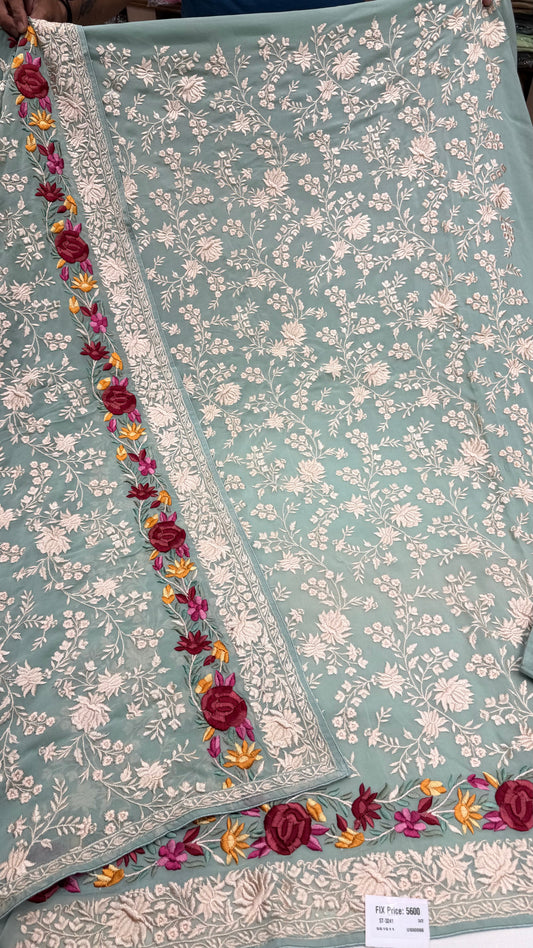 Unstitched Pure Georgette Parsi Embroidered Suit with Heavy Jaal Dupatta | Premium Thread Embroidery | Luxury Designer Party Wear | Opada Silk Bottom