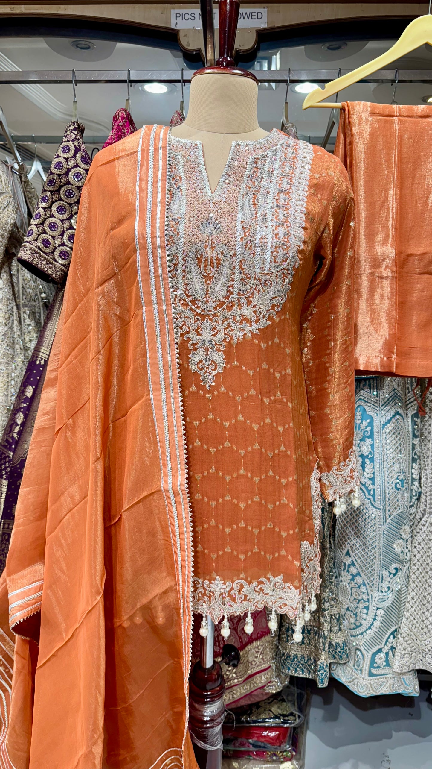 Embroidered Tissue Silk Pant Suit with Pearl Detailing – Available in Mustard & Rust
