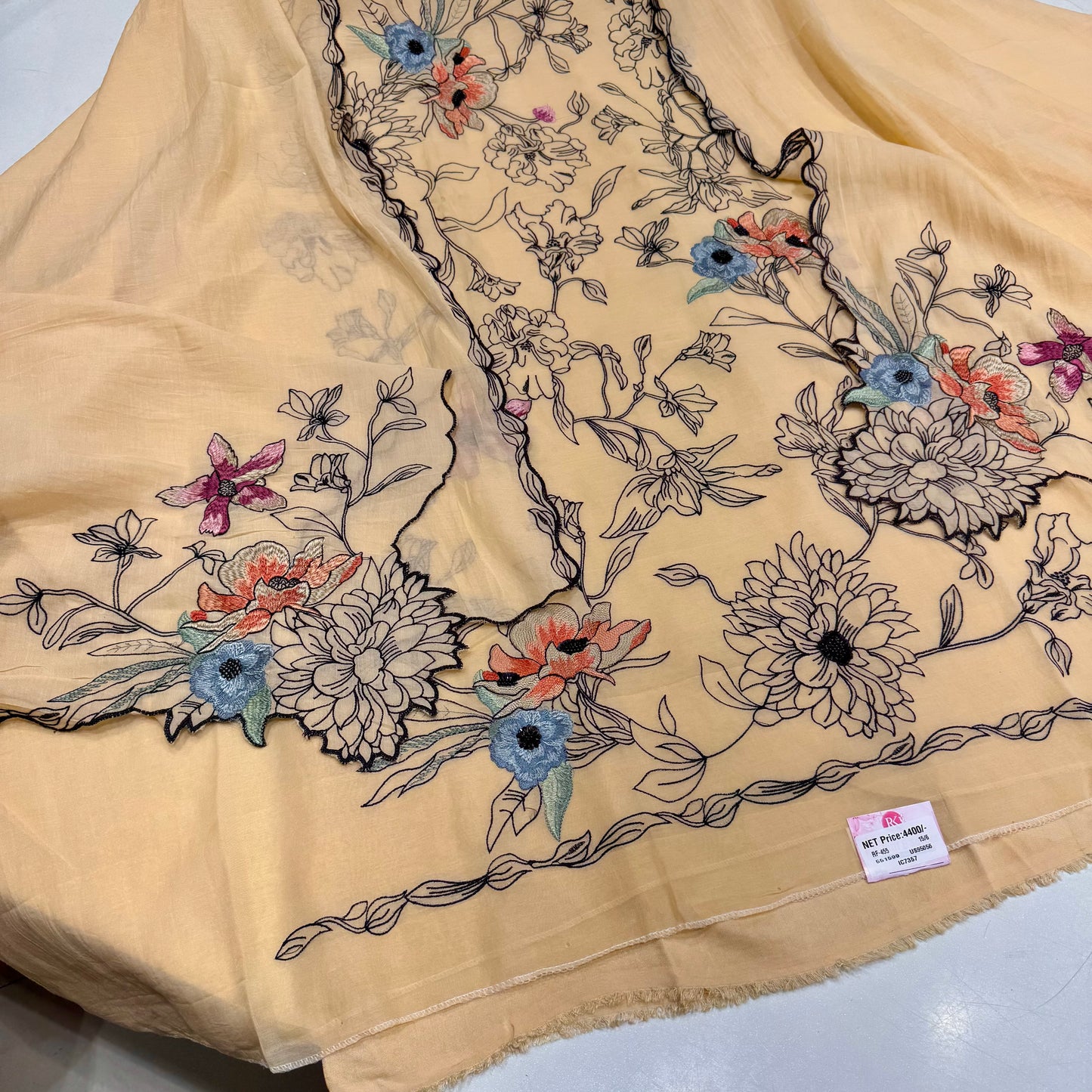Unstitched Pure Mulmul Kalamkari Suit with Bead Embroidery & Cutwork Dupatta