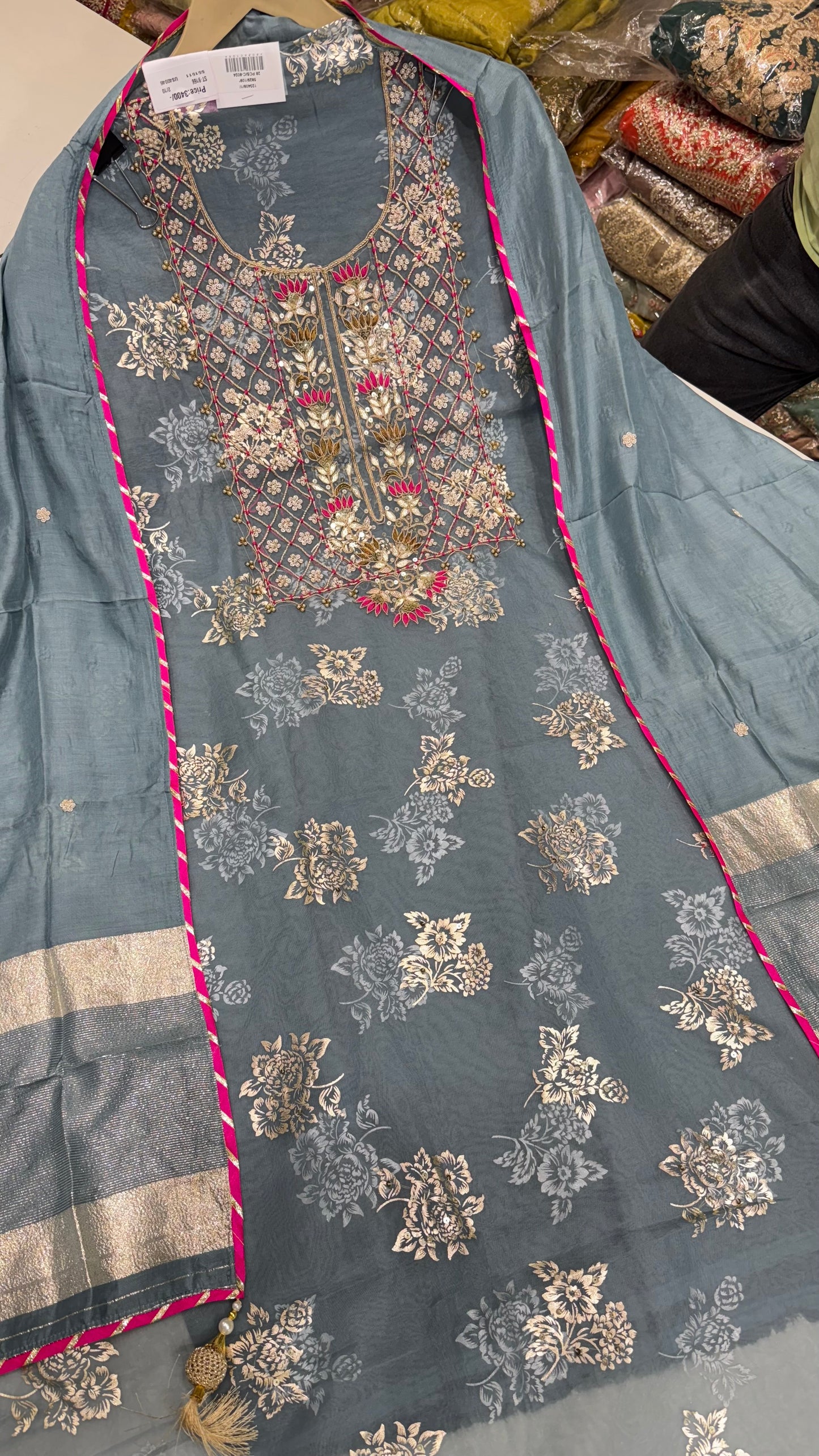 Designer Pure Organza Hand-Embroidered Unstitched Suit with Muslin Dupatta