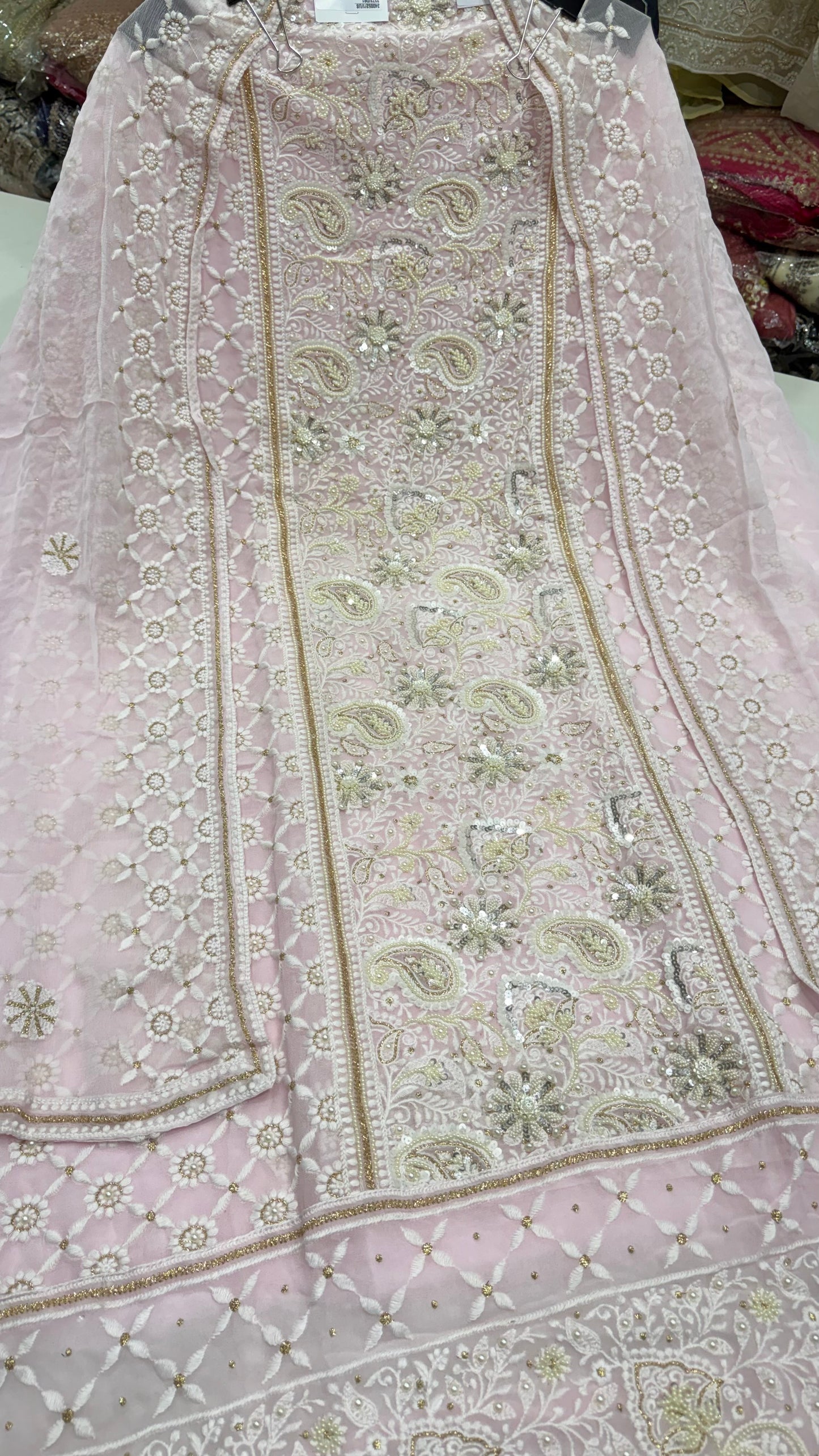 Luxury Unstitched Lakhnavi Pure Georgette Suit | Exclusive Lucknowi Thread, Pearls & Zari Handwork | Designer Georgette Dupatta with Cotton Silk Bottom | Festive Wedding Wear