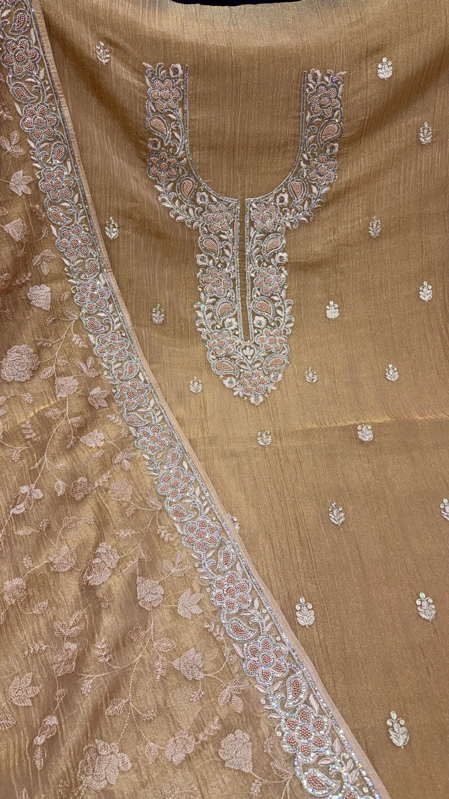 Unstitched Pure Crush Organza Embroidered Pakistani Suit with Heavy Dupatta | Parsi Zari Pearl & Zircon Handwork | Luxury Designer Party Wear