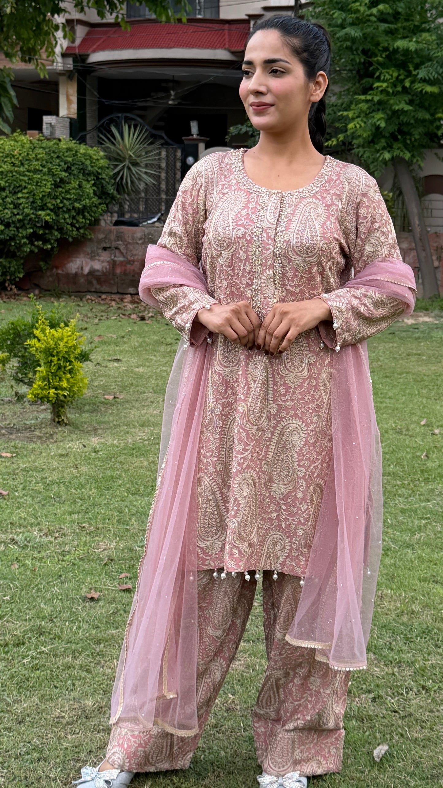 Rose Pink Designer Pure Georgette Ritu Kumar Inspired Suit with Farshi Salwar