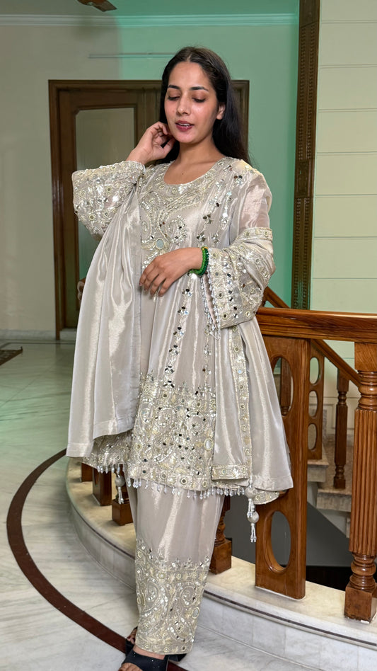 Champagne Beige Pure Tissue Short Anarkali with Farshi Salwar Set