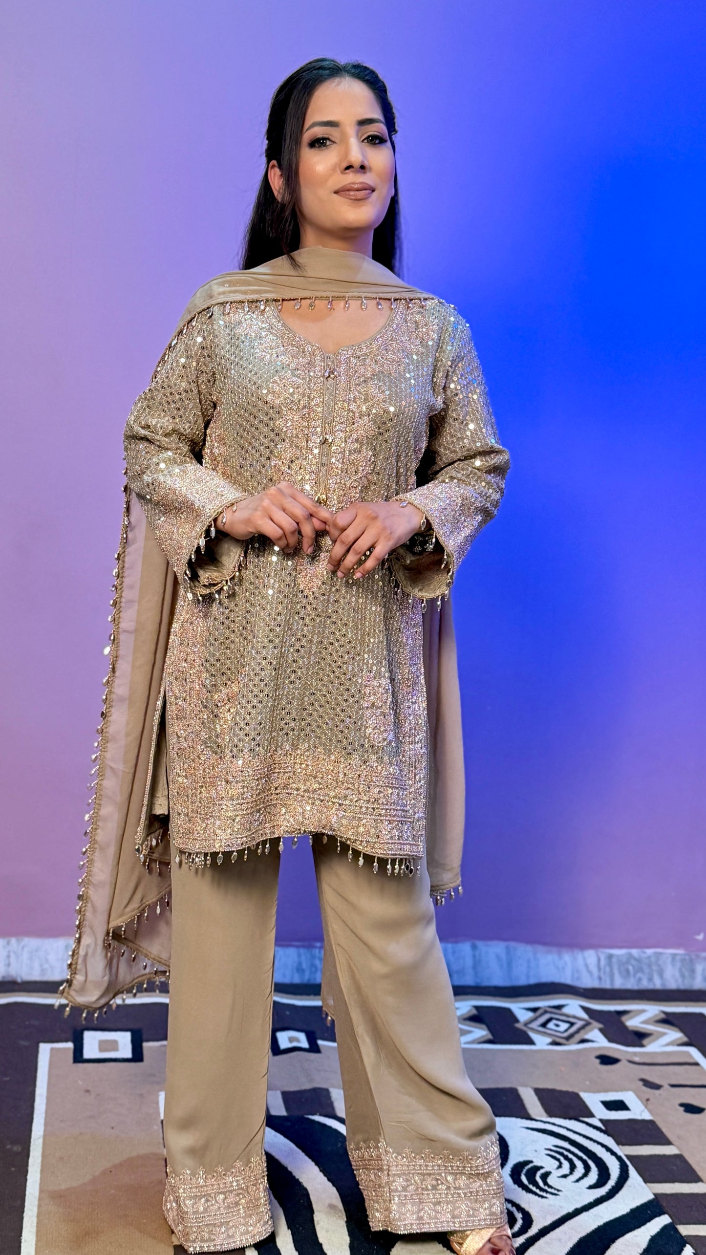 Champagne Gold Pure Georgette Designer Pants Suit with Latkan Dupatta