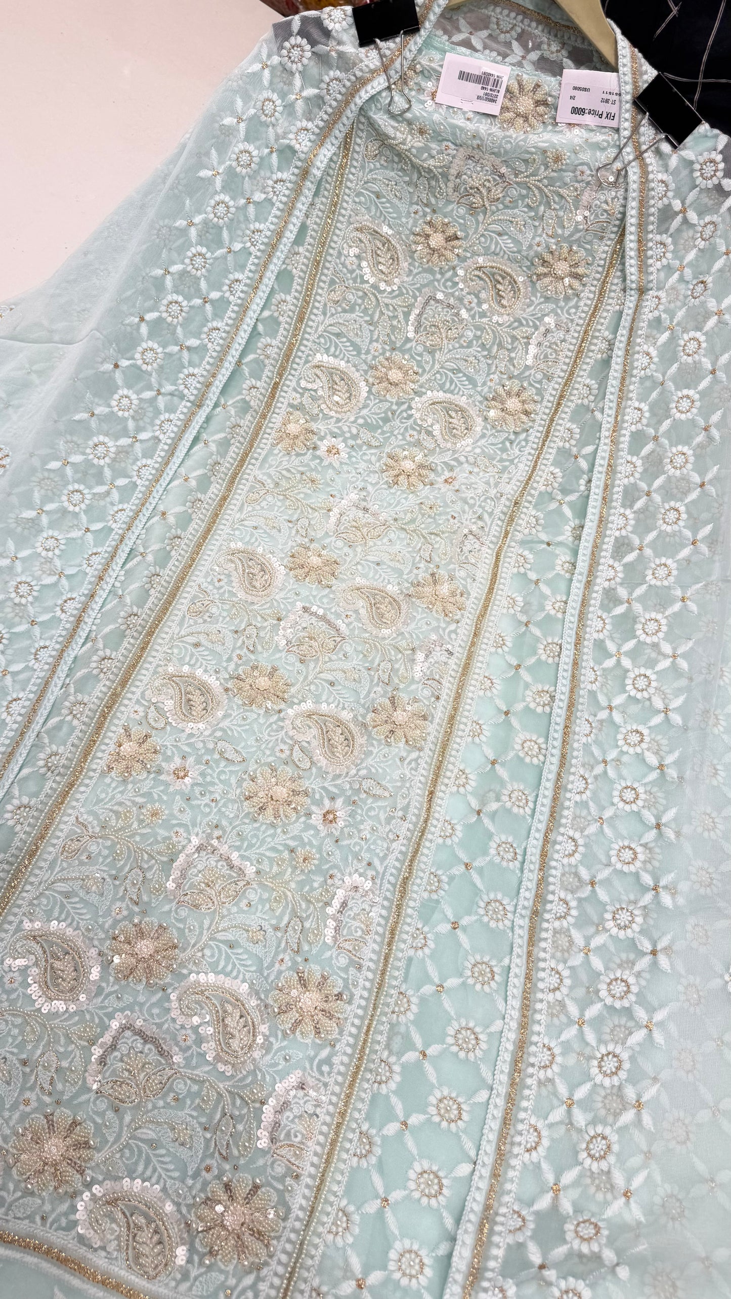 Luxury Unstitched Lakhnavi Pure Georgette Suit | Exclusive Lucknowi Thread, Pearls & Zari Handwork | Designer Georgette Dupatta with Cotton Silk Bottom | Festive Wedding Wear