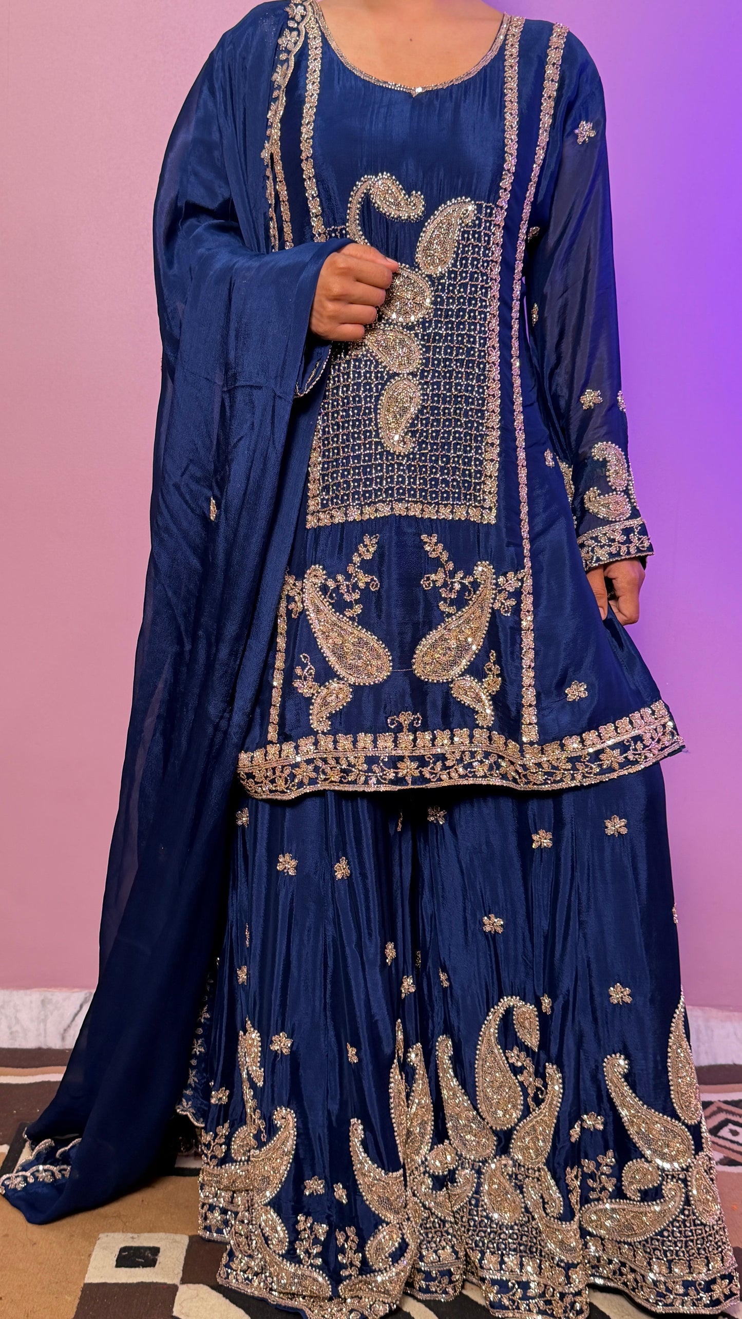Designer Chinon Crepe Sharara Suit with Hand Nakashi Work