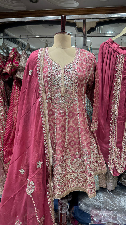Readymade Short Anarkali Tulip Salwar Suit in Pure Tissue – Free Size (Up to 44” Bust)
