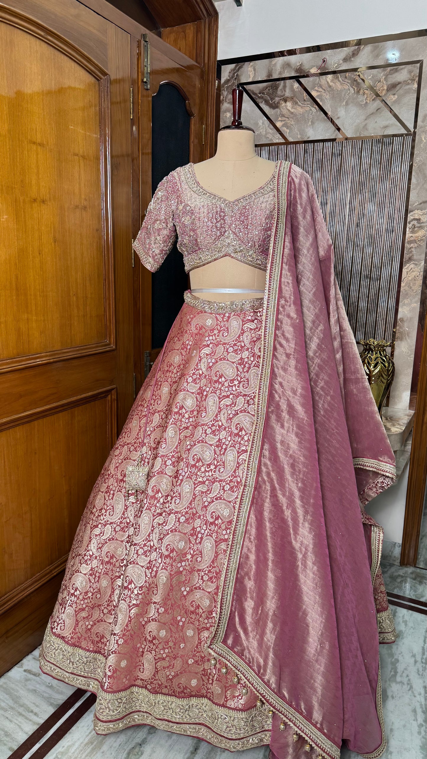 Designer Readymade Pure Tissue & Brocade Zardozi Dabka Lehenga Choli with Dupatta (Free Size up to 42 Bust)