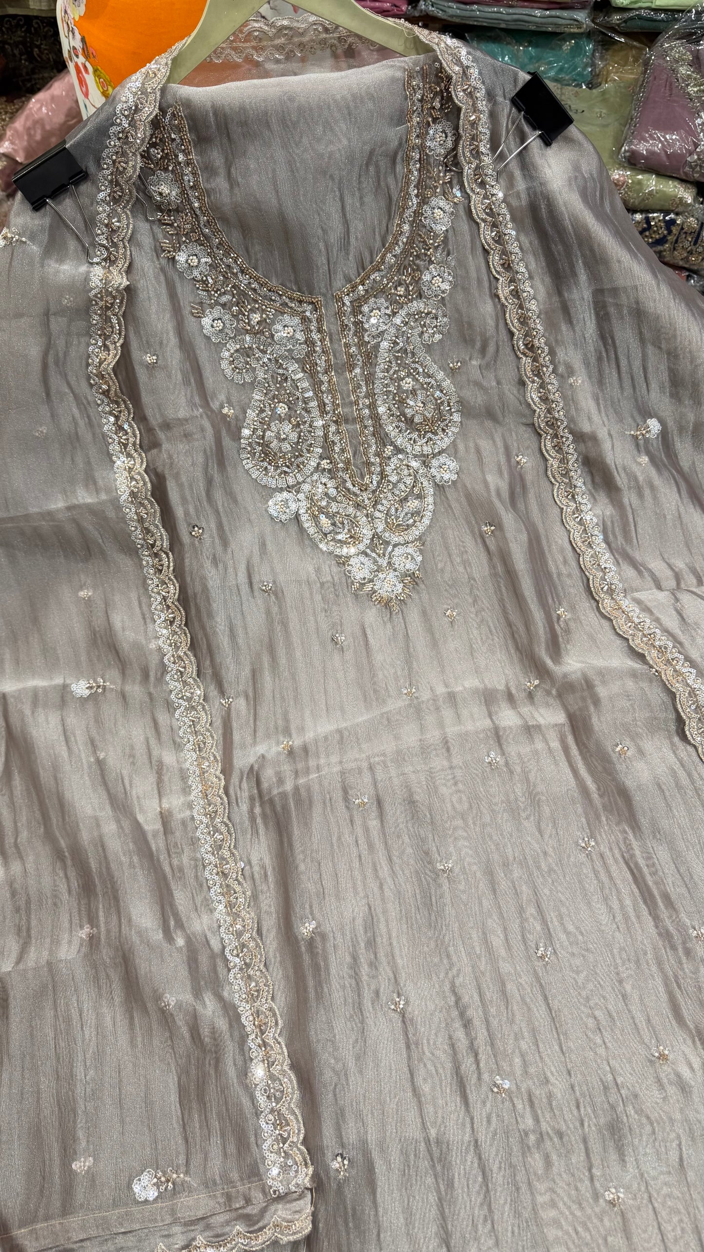 Premium Unstitched Pure Crush Organza Embroidered Suit with Designer Dupatta | Nakshi & Beads Handwork | Luxury Party Wear