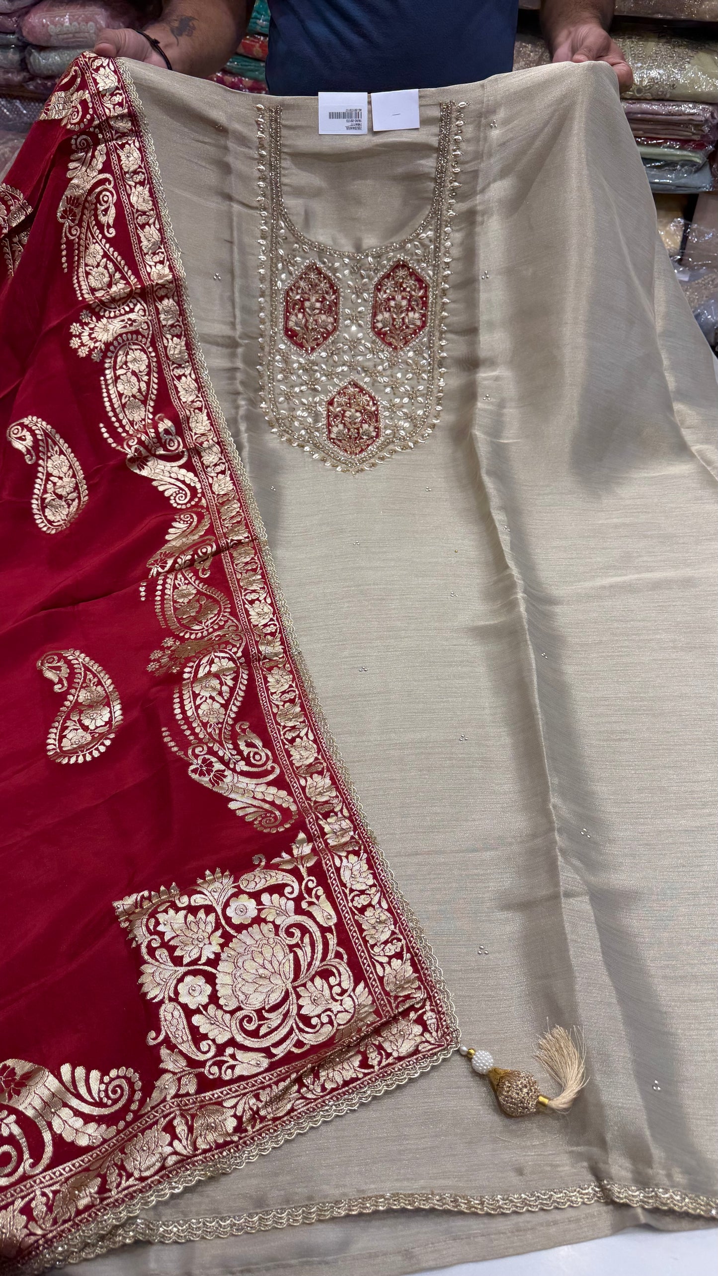 Premium Unstitched Pure Shimmer Tissue Embroidered Suit with Designer Banarasi Dupatta | Nakshi & Zardozi Handwork | Luxury Wedding Wear