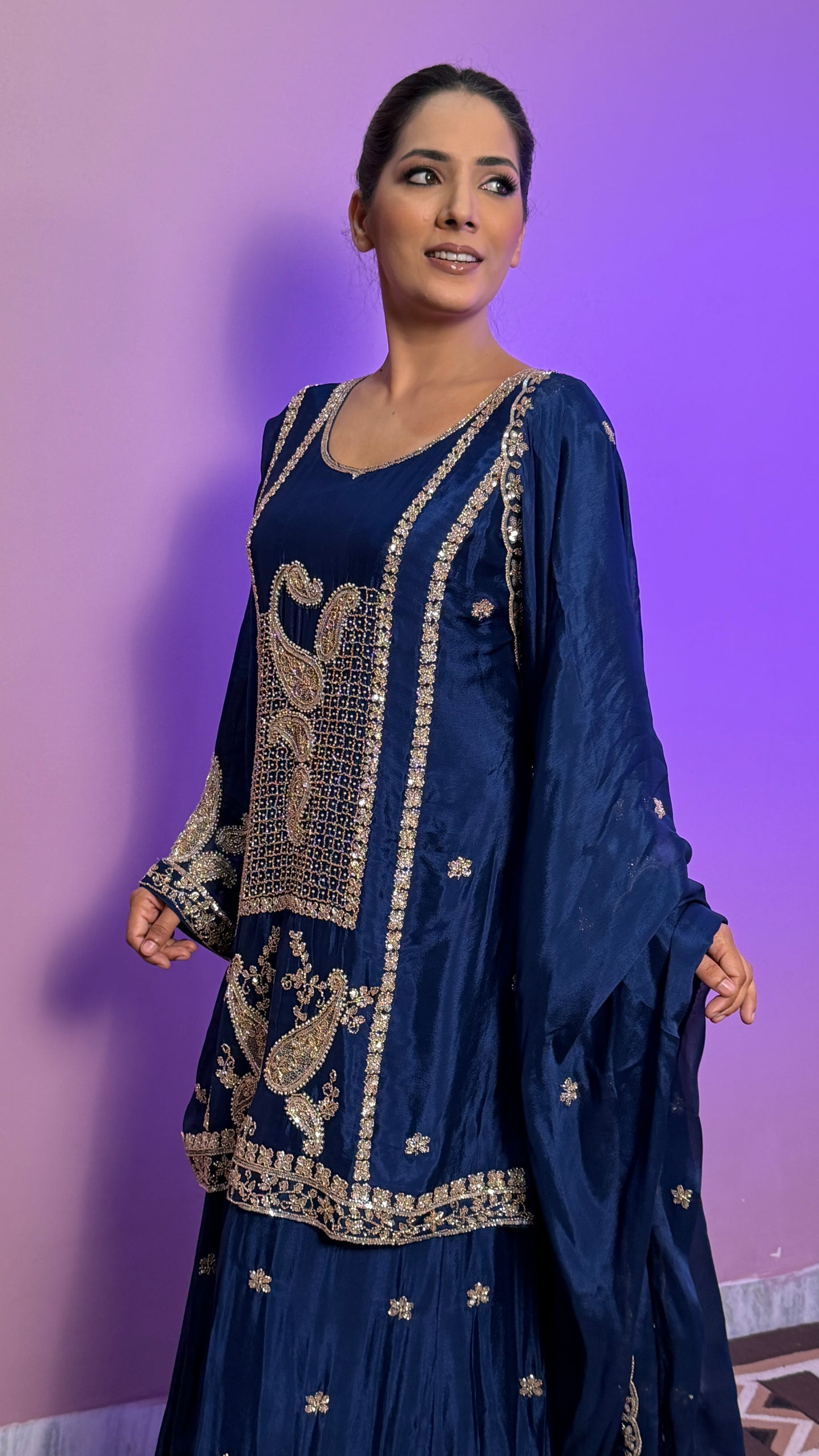 Designer Chinon Crepe Sharara Suit with Hand Nakashi Work