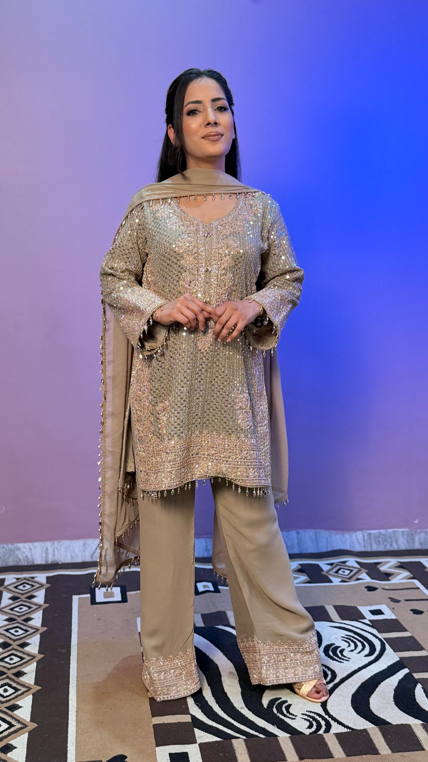Champagne Gold Pure Georgette Designer Pants Suit with Latkan Dupatta