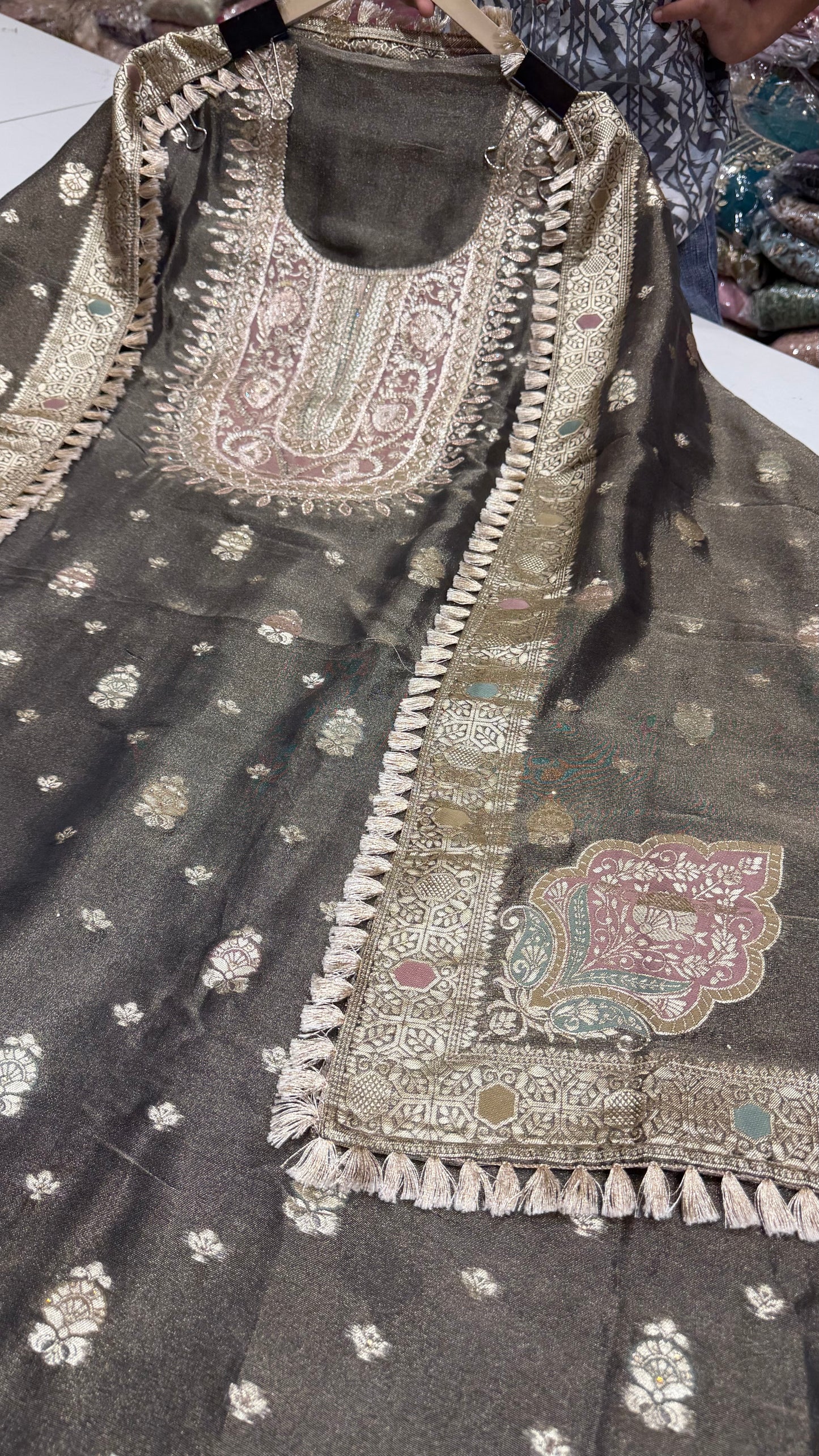 Luxury Banarasi Tissue Unstitched Suit with Gotta Patti Embroidery | Designer Tissue Dress Material with Banarasi Woven Dupatta & Opada Silk Bottom