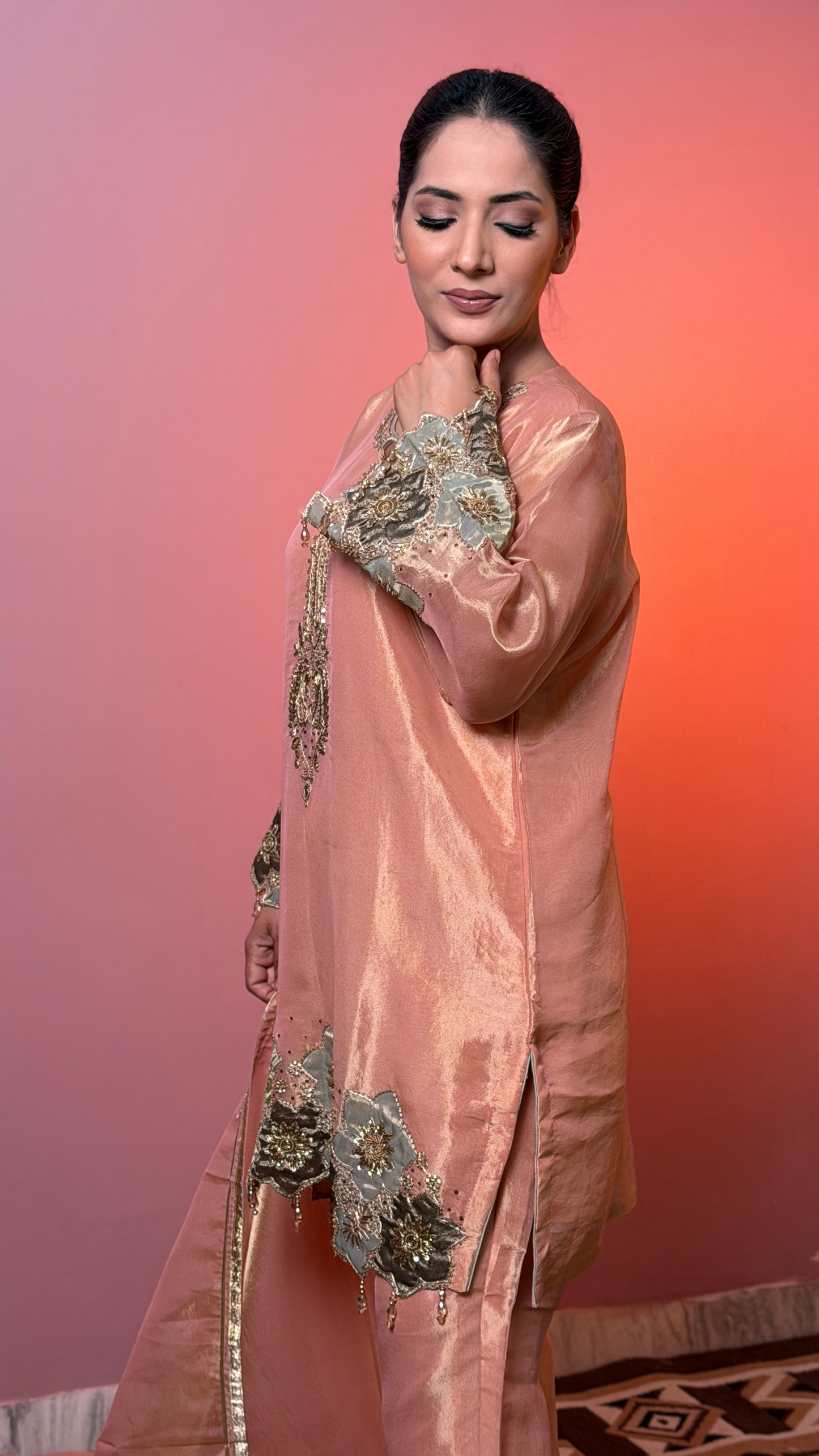 Blush Peach Pure Tissue Handcrafted Zardozi Straight Suit with Pants