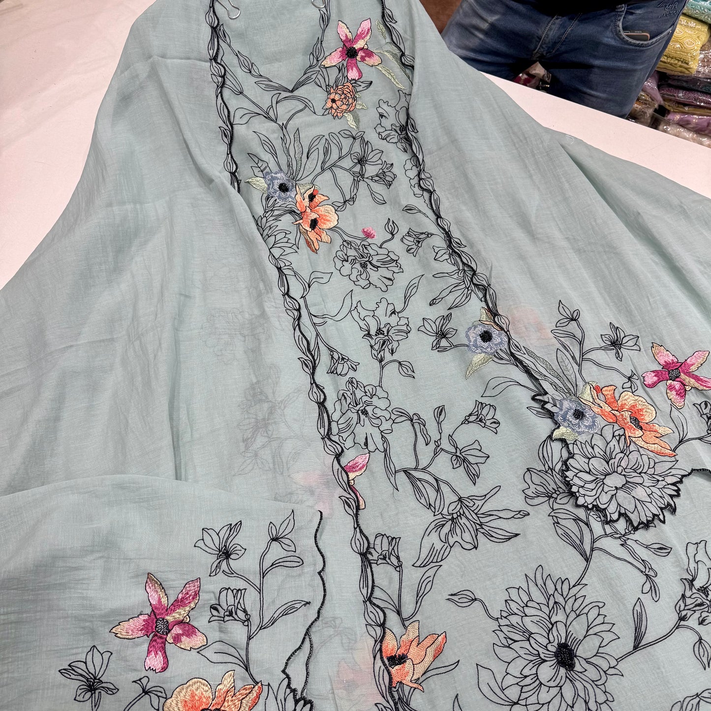Unstitched Pure Mulmul Kalamkari Suit with Bead Embroidery & Cutwork Dupatta