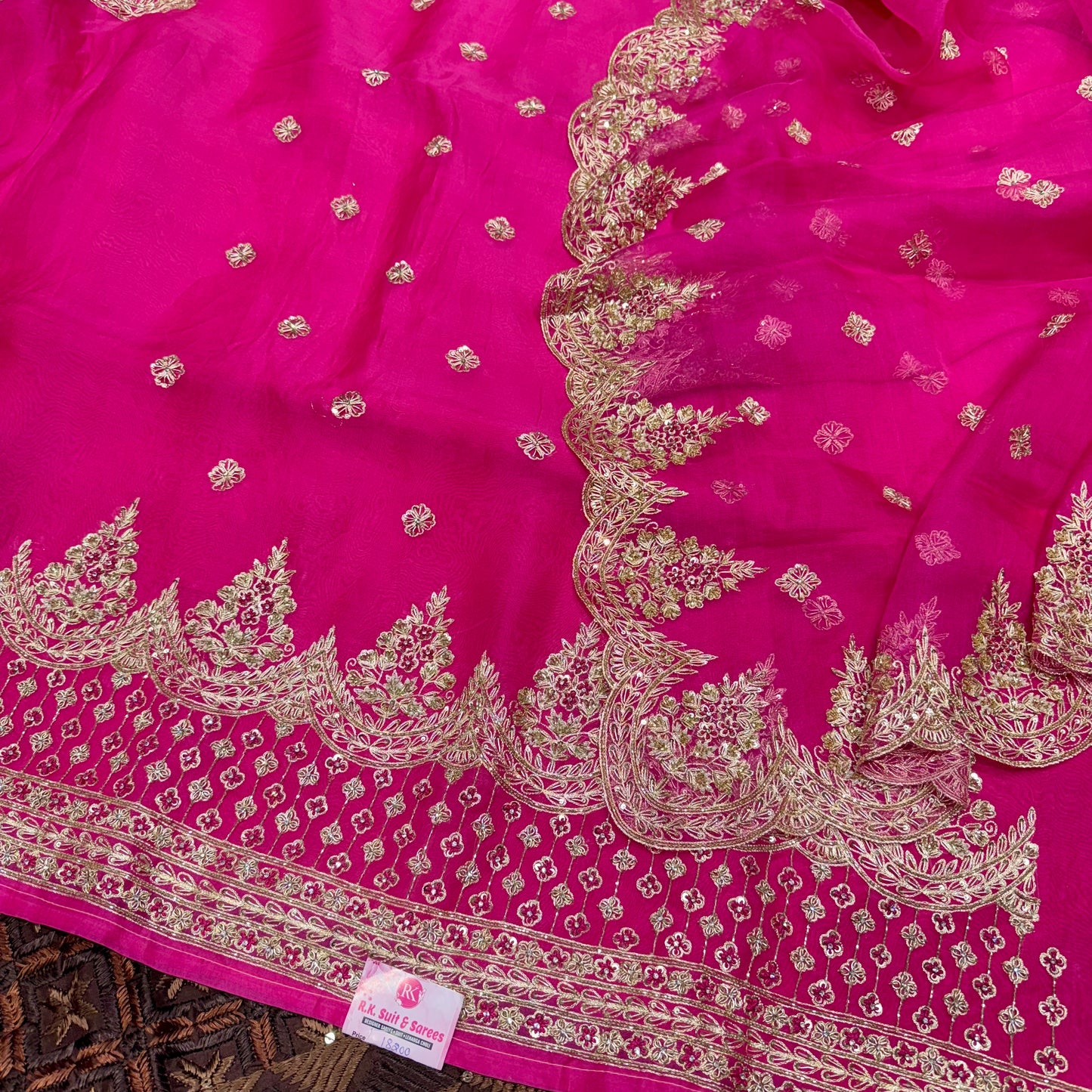 Mazenta Pink pure orgenza Handwork suit set with four side dupatta