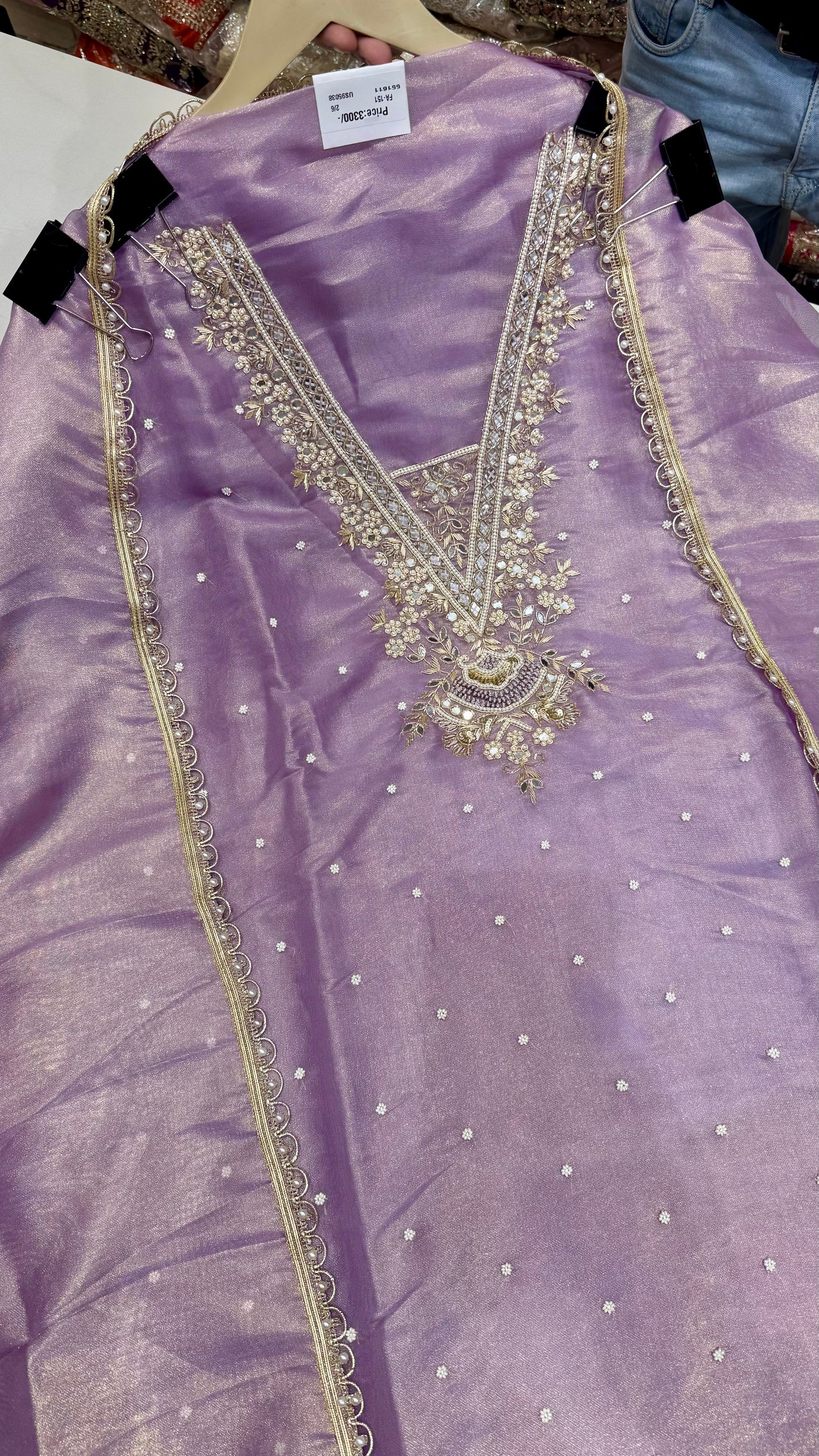 Elegant Burbery Tissue Unstitched Suit with Zardozi & Pearl Embellishments