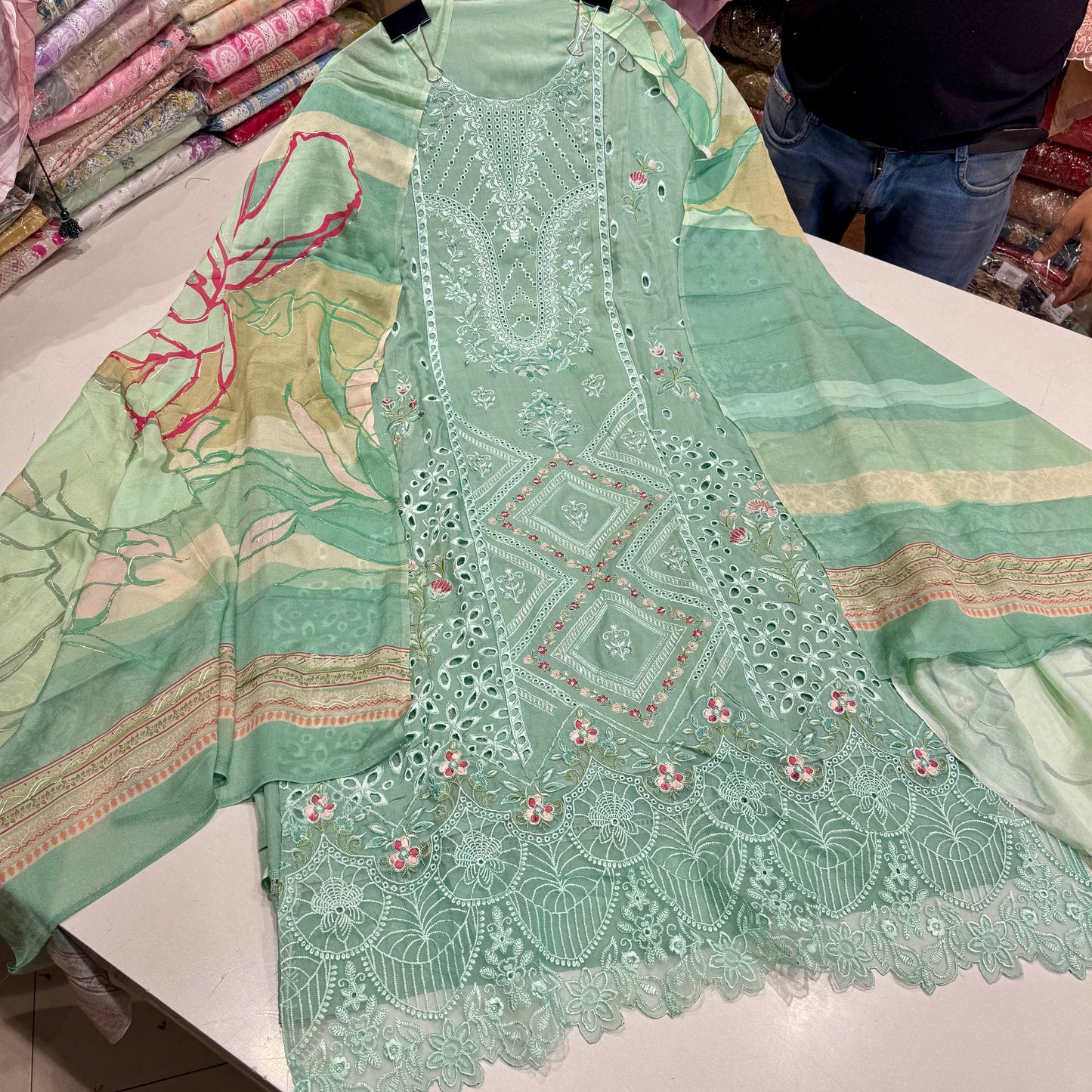Muslin Pakistani Suit with Embroidered Chinon Dupatta & Soft Silk Bottom (2.5 Meter)
