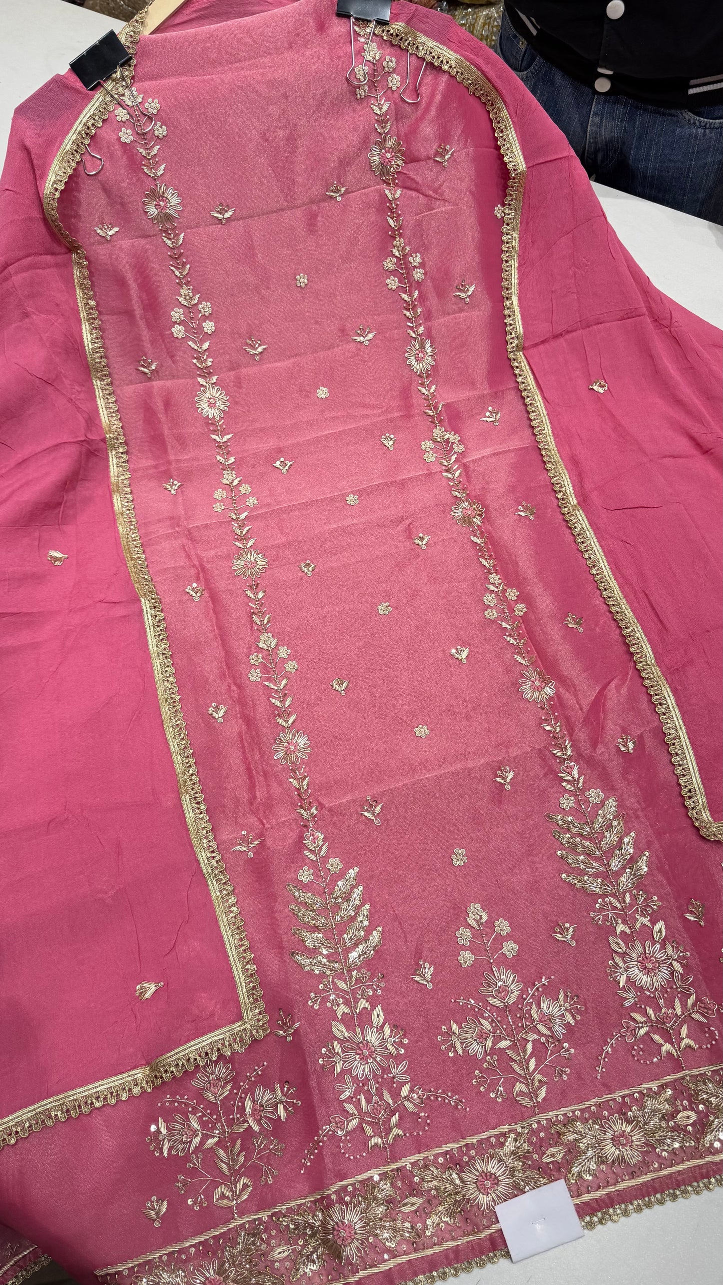 Pure Shimmer Tissue Zardozi Handwork Unstitched Suit Set