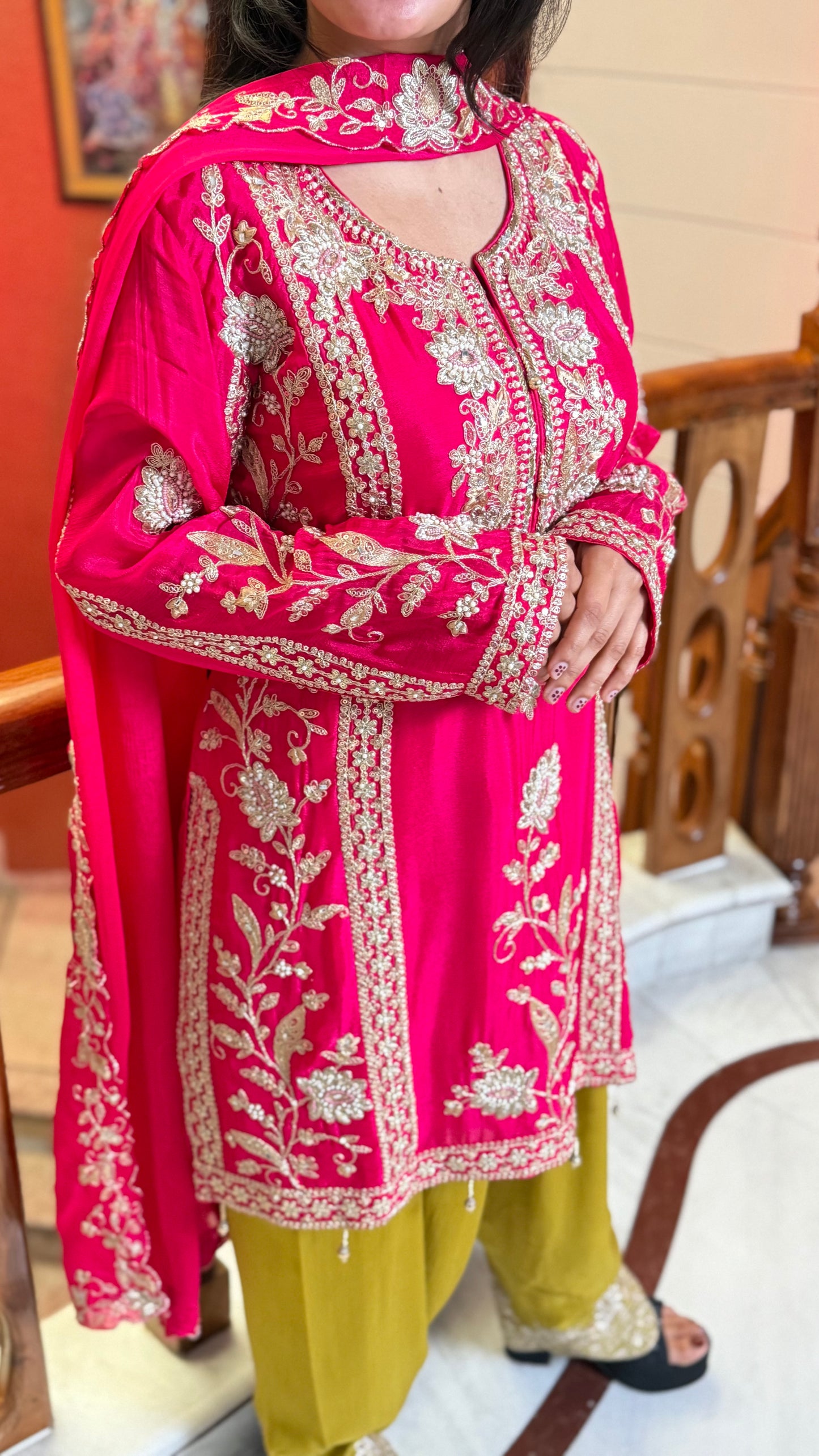 Rani Pink Pure Chinon Farshi Salwar Suit with Heavy Embroidery