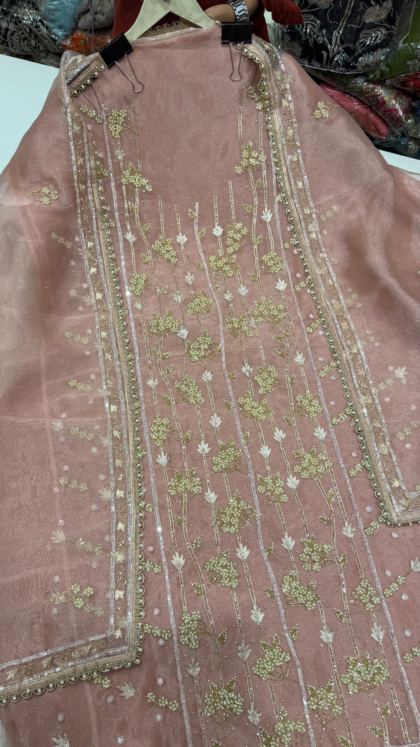 ✨ Elegant Pearl Bloom Pure Organza Unstitched Suit Set