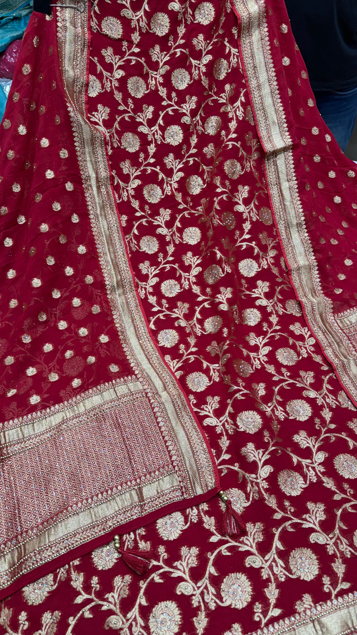 Luxury Unstitched Pure Mysore Georgette Suit | Khaddi Handloom Weaving with Heavy Embroidery Highlight | Designer Daman, Sleeves Work & Handwoven Khadi Dupatta | Festive Wedding Wear