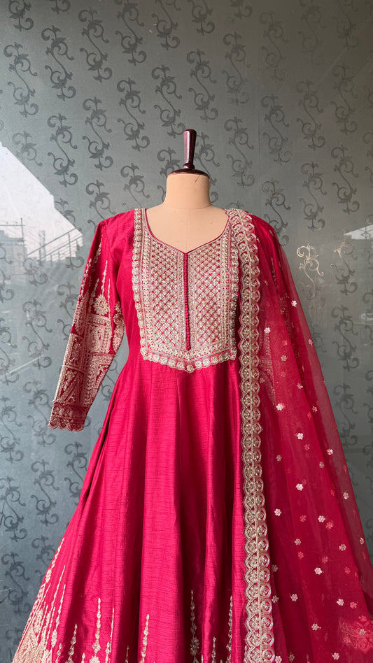 Elegant Raw Silk Floor-Length Readymade Anarkali with Heavy Net Dupatta (Free Size up to 44 Bust)