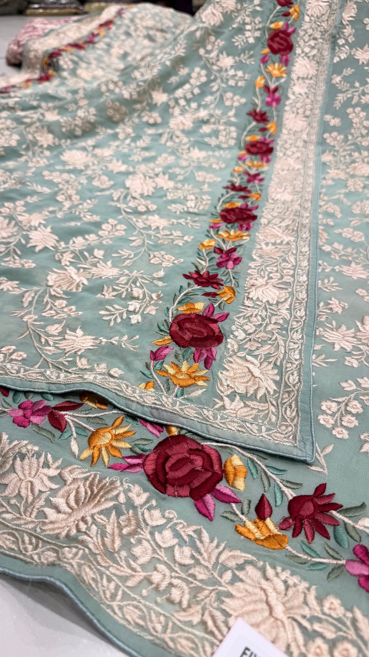 Unstitched Pure Georgette Parsi Embroidered Suit with Heavy Jaal Dupatta | Premium Thread Embroidery | Luxury Designer Party Wear | Opada Silk Bottom