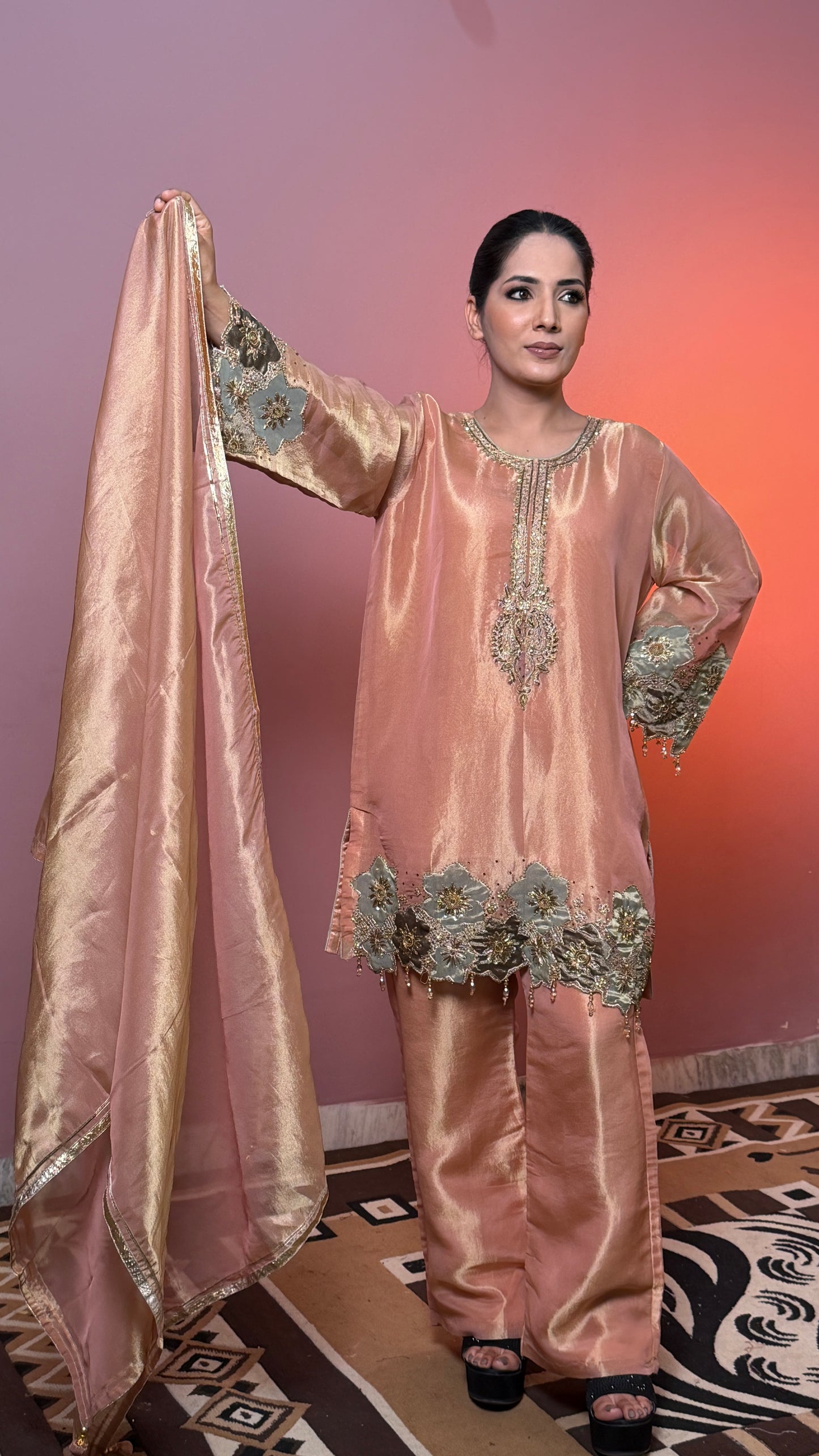 Blush Peach Pure Tissue Handcrafted Zardozi Straight Suit with Pants
